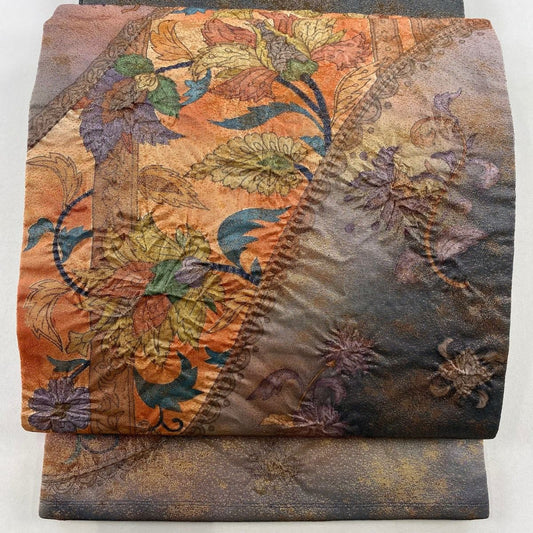 袋帶 名品級 落款 花唐草紋 金金箔 銀線 橙色 大鼓圖案 純蠶絲