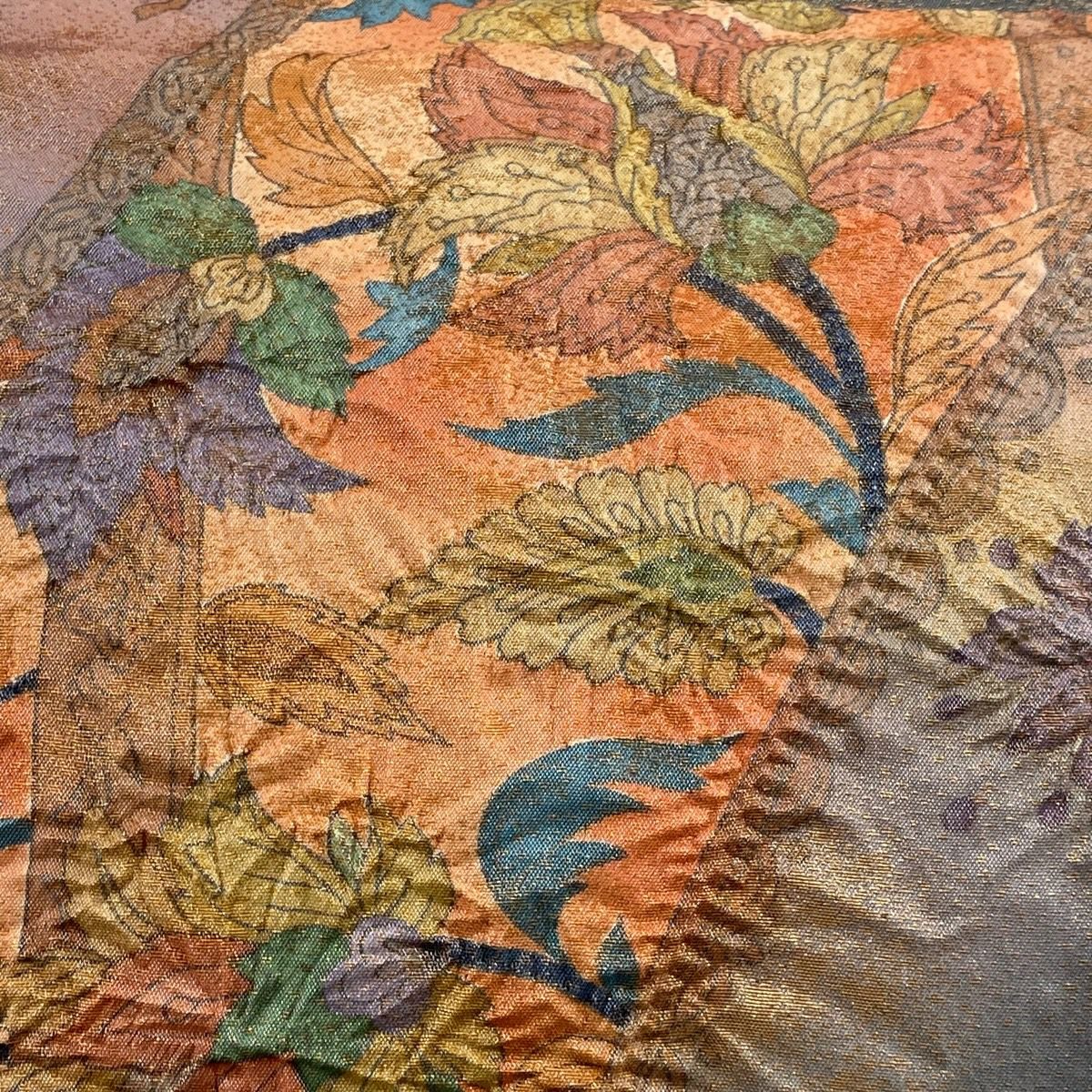 袋帶 名品級 落款 花唐草紋 金金箔 銀線 橙色 大鼓圖案 純蠶絲