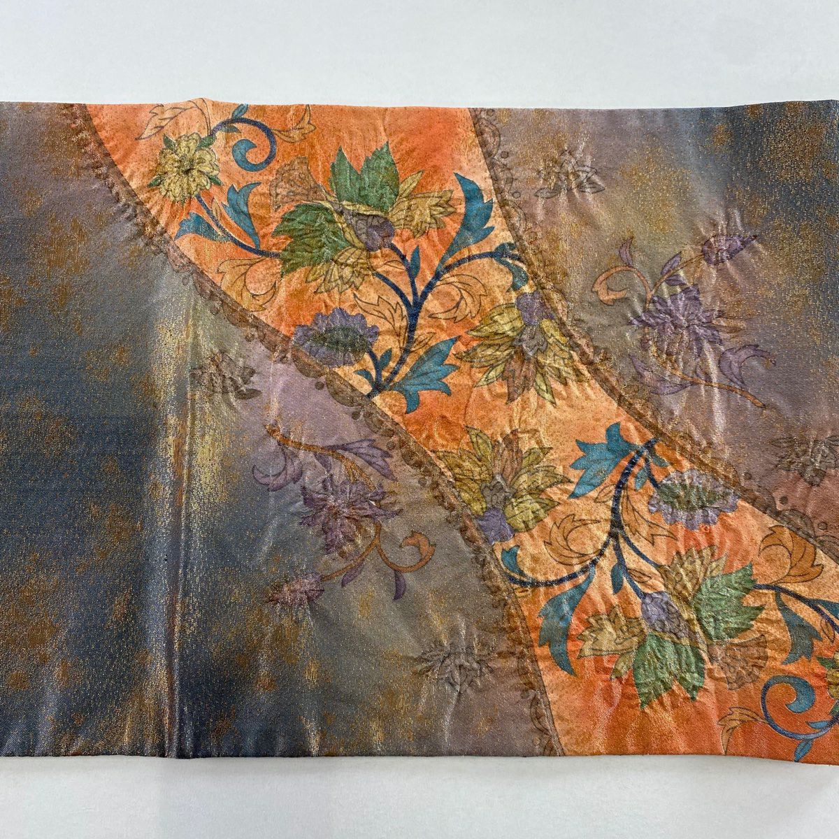 袋帶 名品級 落款 花唐草紋 金金箔 銀線 橙色 大鼓圖案 純蠶絲