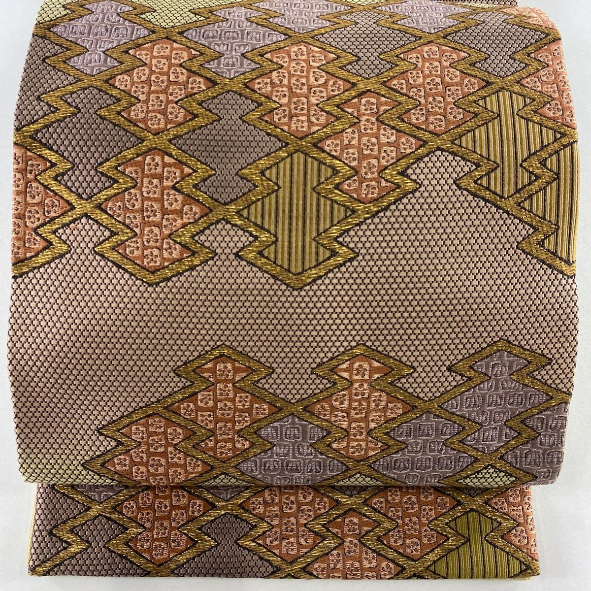 【美品】 袋帶 名品級 雙面 大和 松樹皮菱 小花 金金箔 金銀彩 淺粉色 六通 純蠶絲