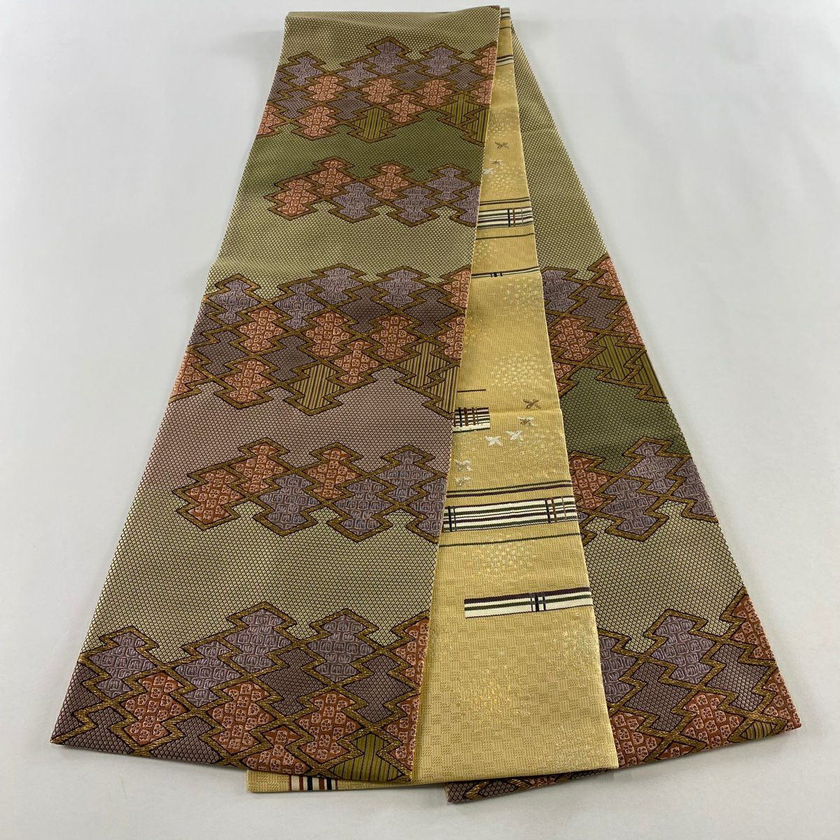 【美品】 袋帶 名品級 雙面 大和 松樹皮菱 小花 金金箔 金銀彩 淺粉色 六通 純蠶絲