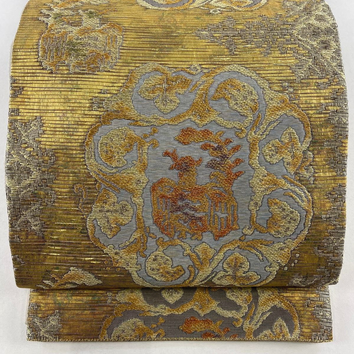 【美品】 袋帶 名品級 本泥染 金唐金箔 鳳凰 草花紋 金絲 金 六通 純蠶絲