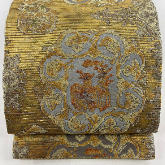【美品】 袋帶 名品級 本泥染 金唐金箔 鳳凰 草花紋 金絲 金 六通 純蠶絲