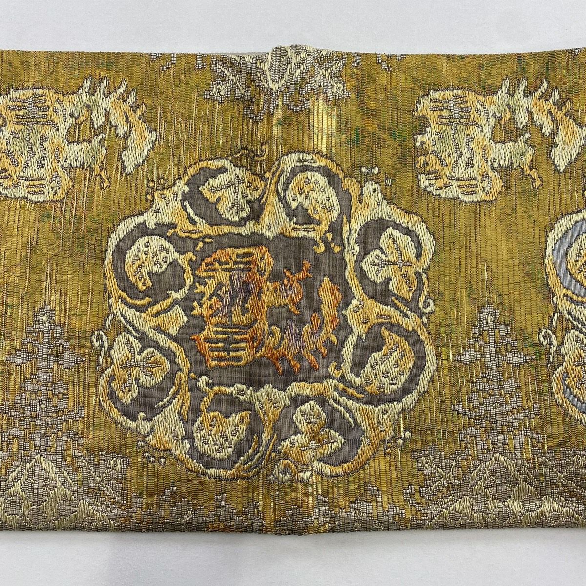 【美品】 袋帶 名品級 本泥染 金唐金箔 鳳凰 草花紋 金絲 金 六通 純蠶絲