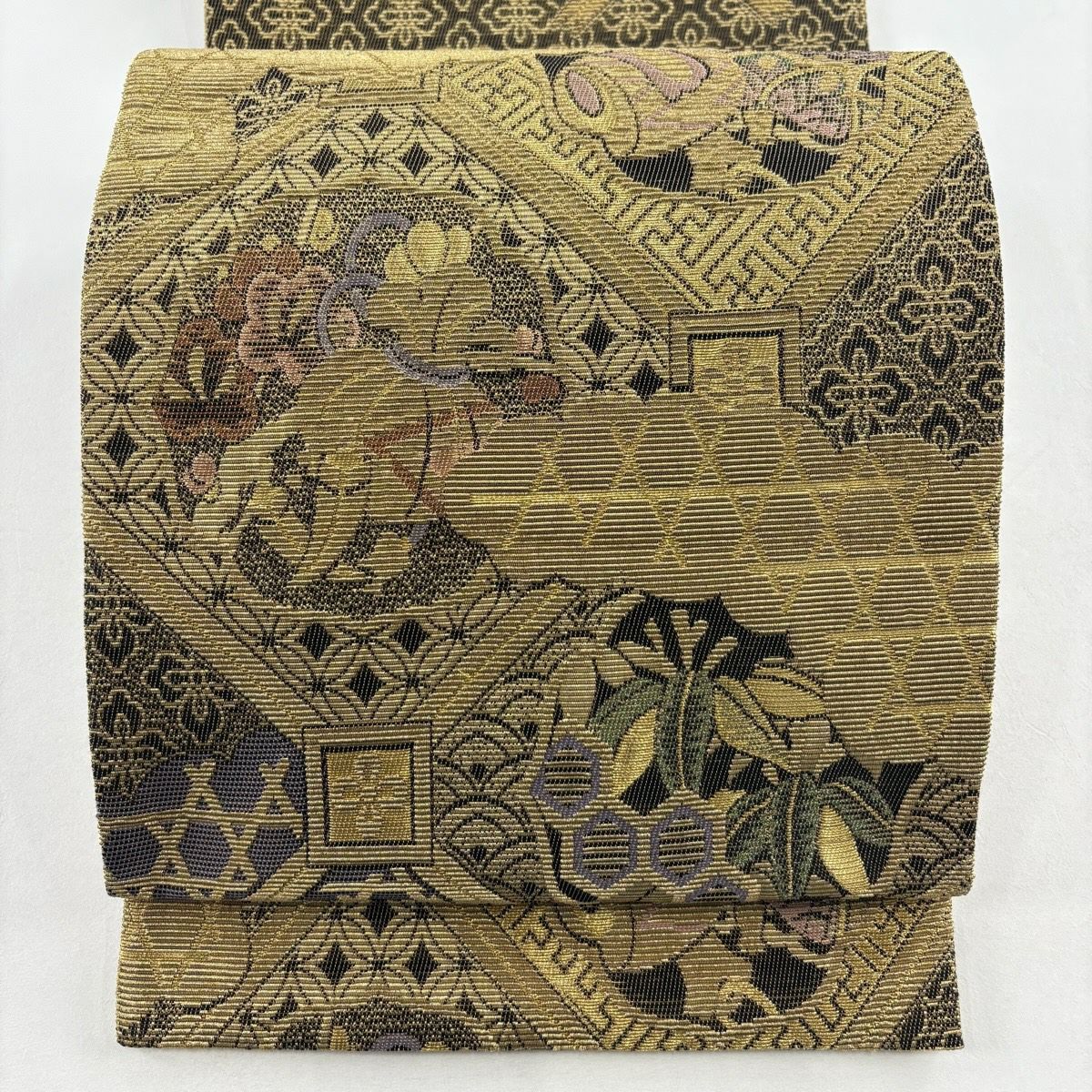 【美品】 袋帶 名品級 寶盡くし 松樹竹子梅花 金絲 焦茶 純蠶絲 お太鼓柄
