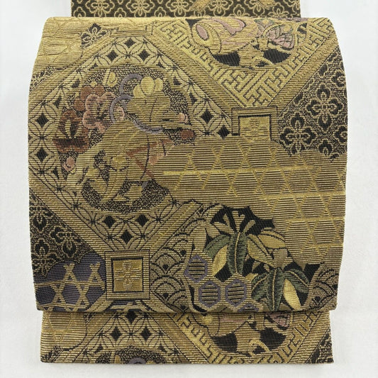【美品】 袋帶 名品級 寶盡くし 松樹竹子梅花 金絲 焦茶 純蠶絲 お太鼓柄