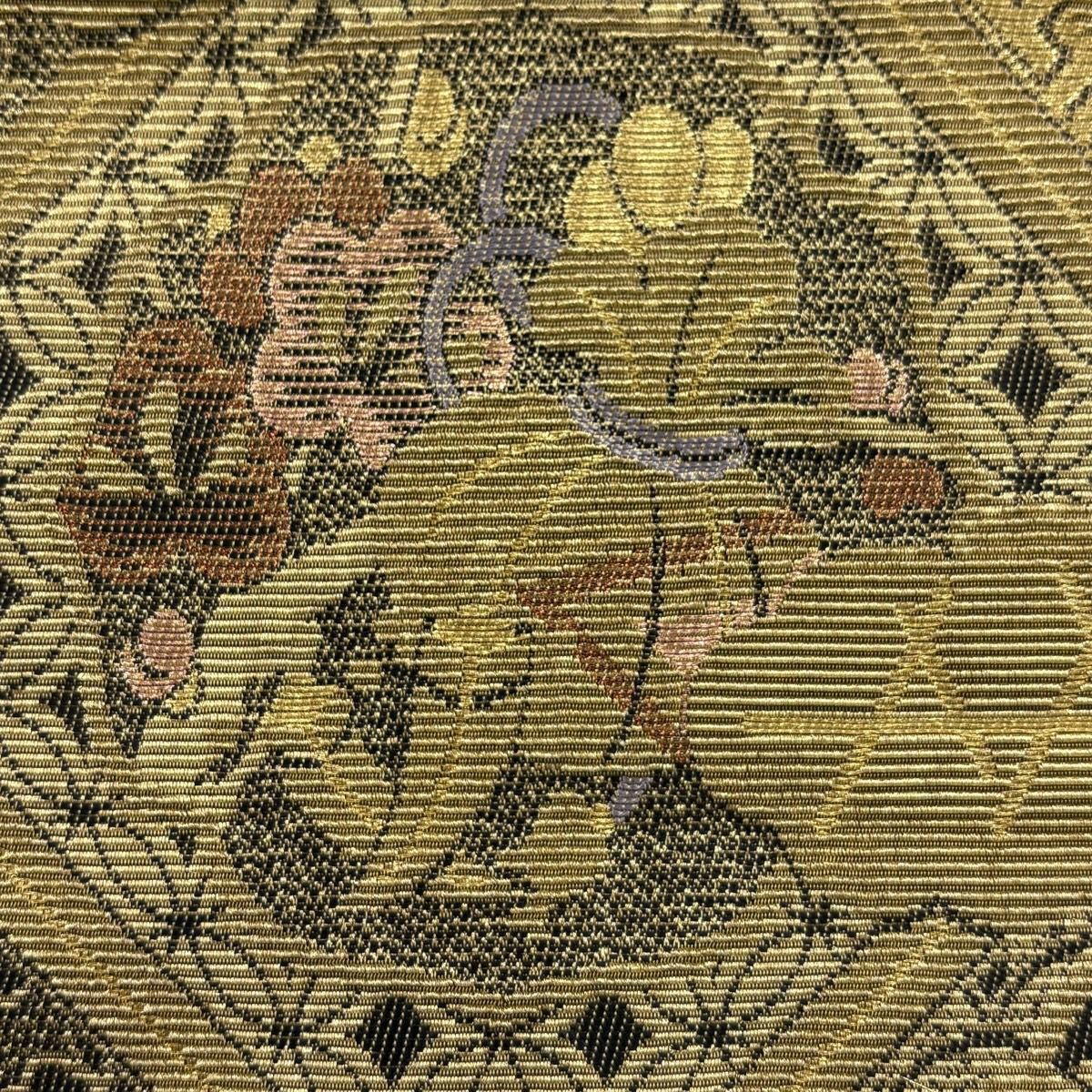【美品】 袋帶 名品級 寶盡くし 松樹竹子梅花 金絲 焦茶 純蠶絲 お太鼓柄