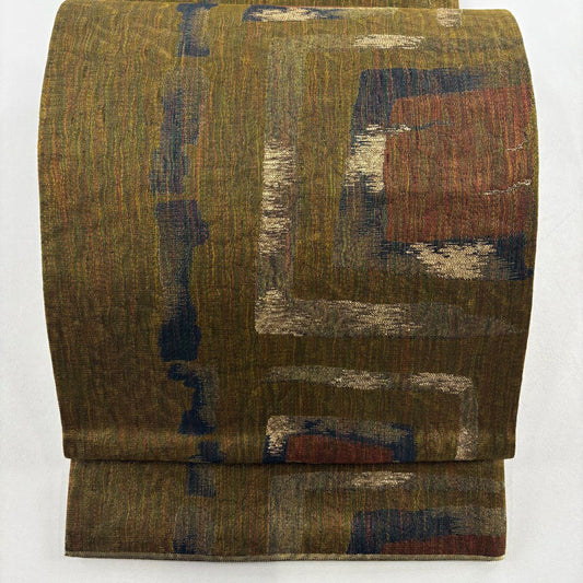 【美品】 袋帶 名品級 幾何圖案 金金箔 金絲 茶綠 六通 純蠶絲