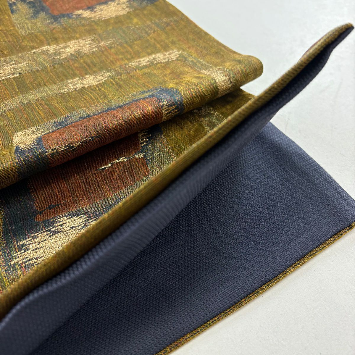 【美品】 袋帶 名品級 幾何圖案 金金箔 金絲 茶綠 六通 純蠶絲