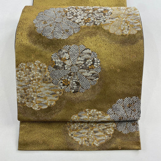 【美品】 袋帶 名品級 加納幸 落款あり 菊花 松樹 金絲 金茶 お太鼓圖案 純蠶絲