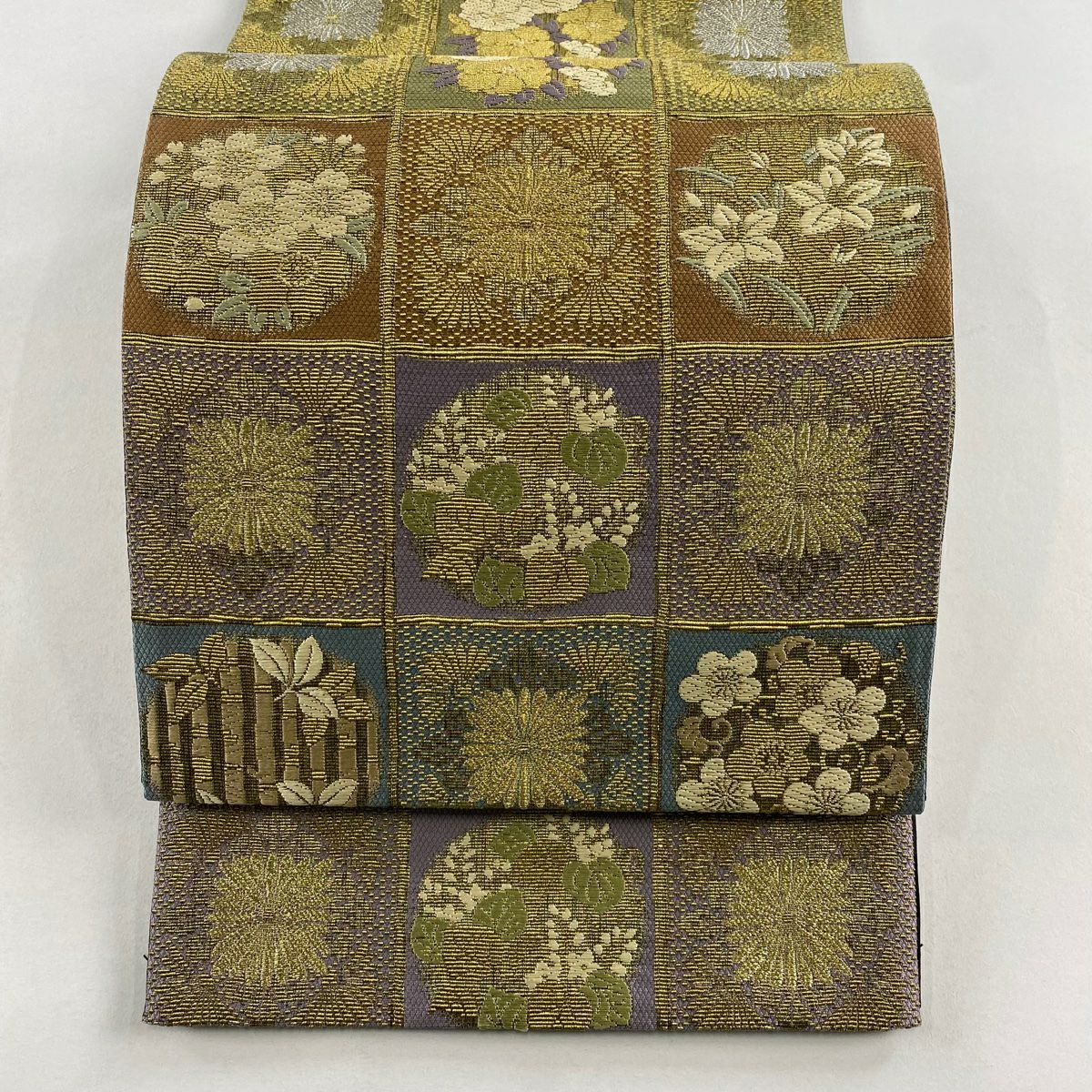【美品】 袋帶 名品級 格子 草花紋 金銀彩 金金箔 茶綠 六通 純蠶絲