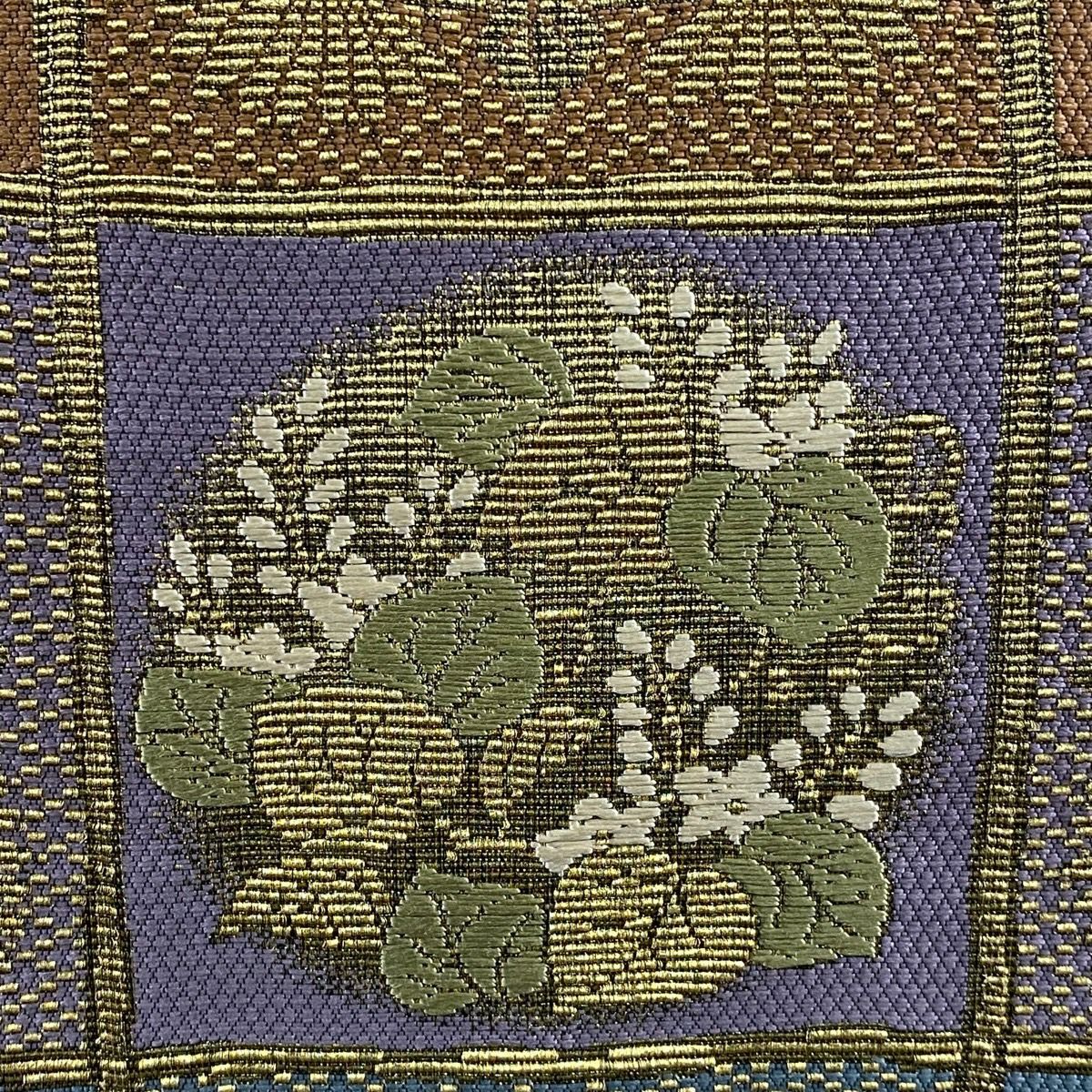 【美品】 袋帶 名品級 格子 草花紋 金銀彩 金金箔 茶綠 六通 純蠶絲