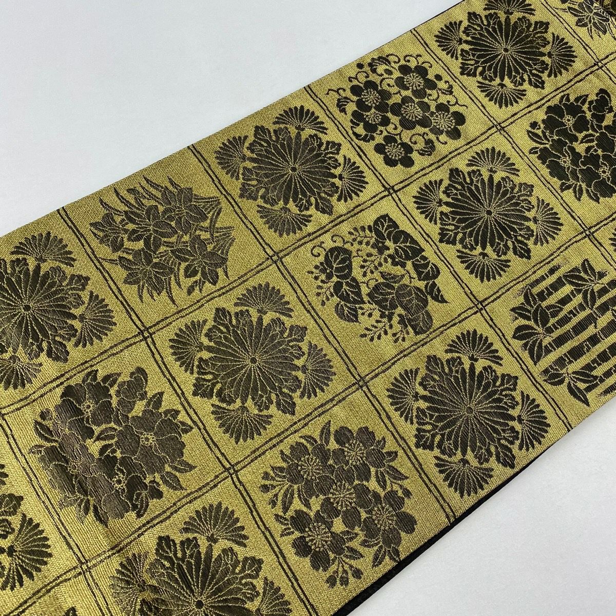 【美品】 袋帶 名品級 格子 草花紋 金銀彩 金金箔 茶綠 六通 純蠶絲