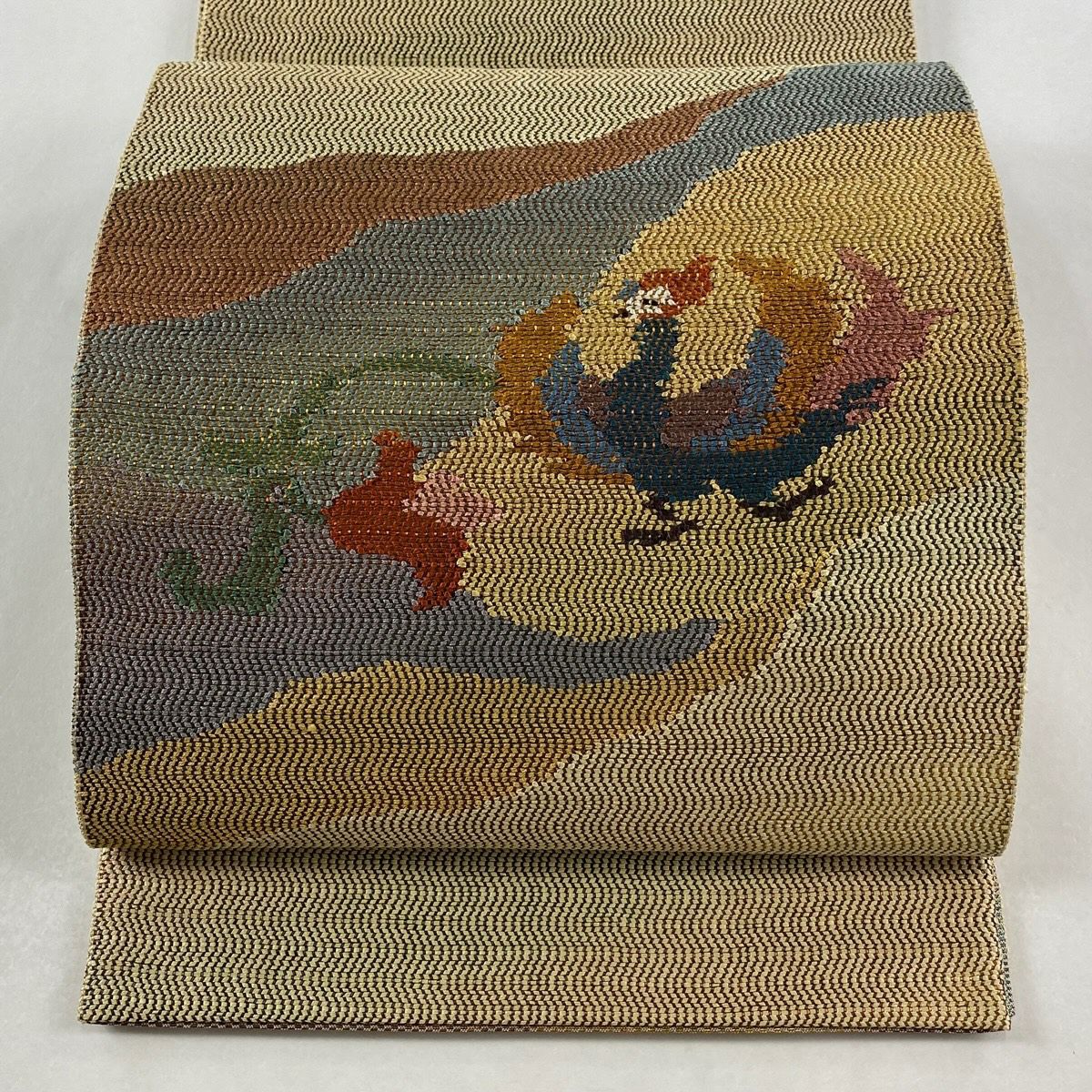 【美品】 袋帶 逸品級 證書齊全 博多織 鳳凰 草花紋紋 金金箔 淺茶 細帶圖案 純蠶絲