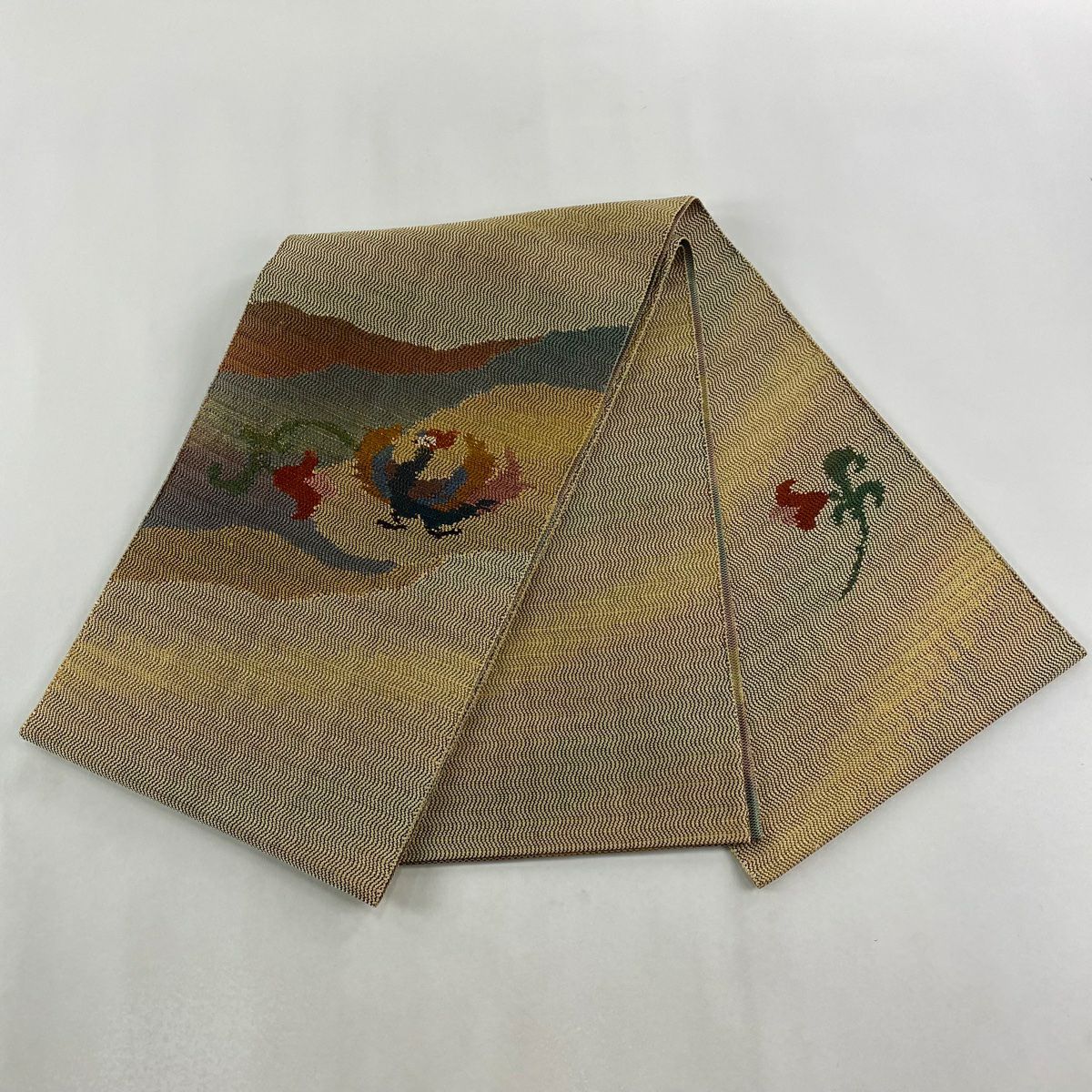 【美品】 袋帶 逸品級 證書齊全 博多織 鳳凰 草花紋紋 金金箔 淺茶 細帶圖案 純蠶絲