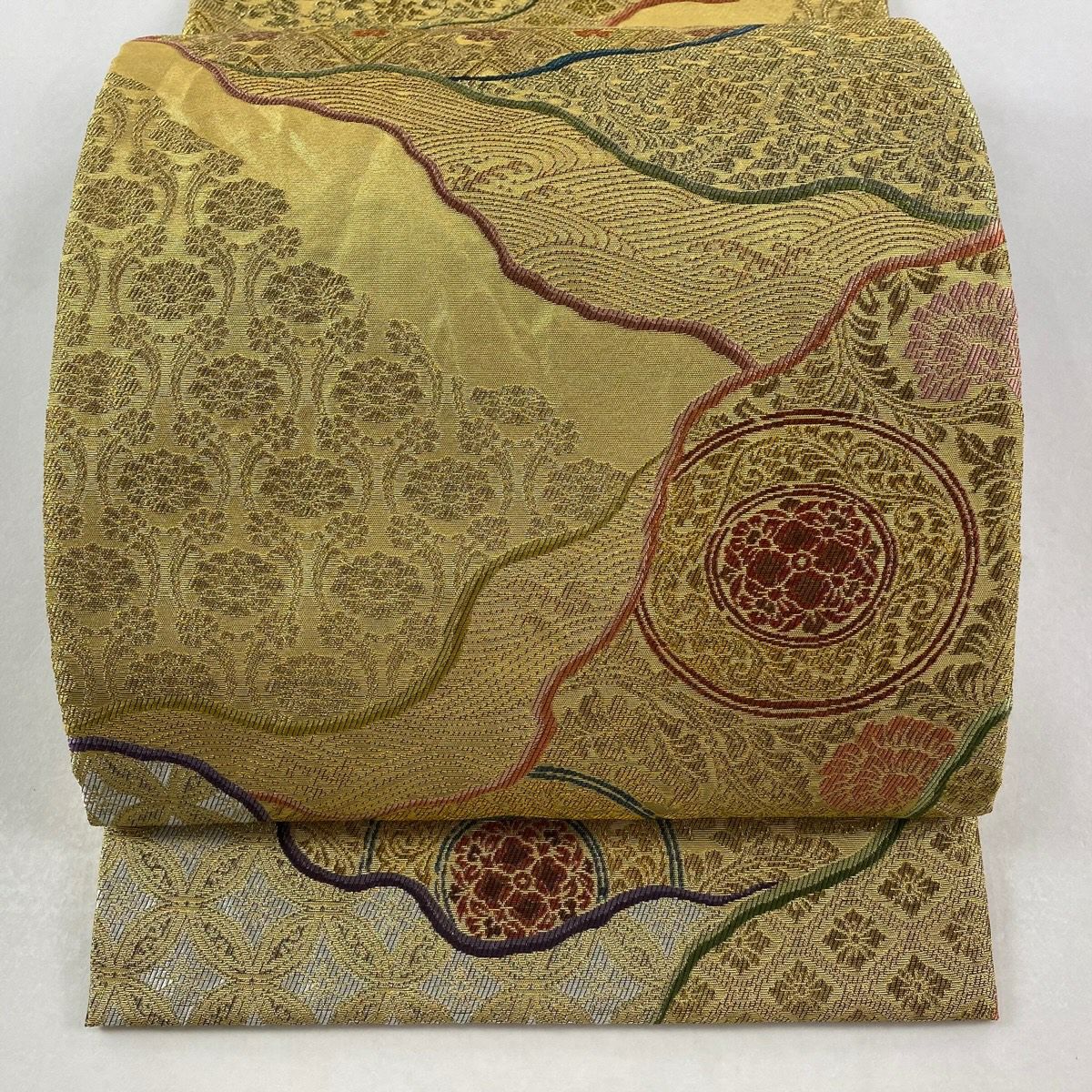袋帶 逸品級 紋屋井關 落款あり 御寮織 華紋 七寶 金絲 金金箔 金色 六通 純蠶絲