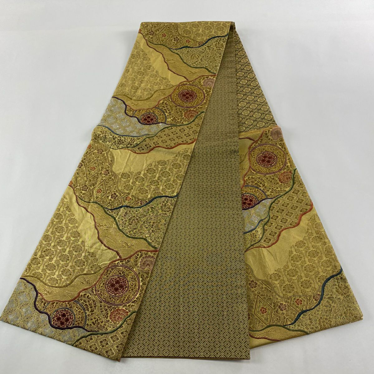 袋帶 逸品級 紋屋井關 落款あり 御寮織 華紋 七寶 金絲 金金箔 金色 六通 純蠶絲
