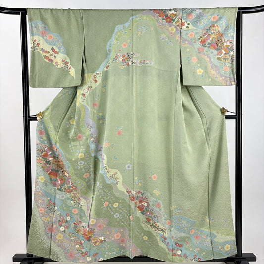 訪問服 身長157cm 袖長65cm M 雙層 御所車 草花紋紋 金彩裝飾 染分 夾竹子桃色 純蠶絲 名品級