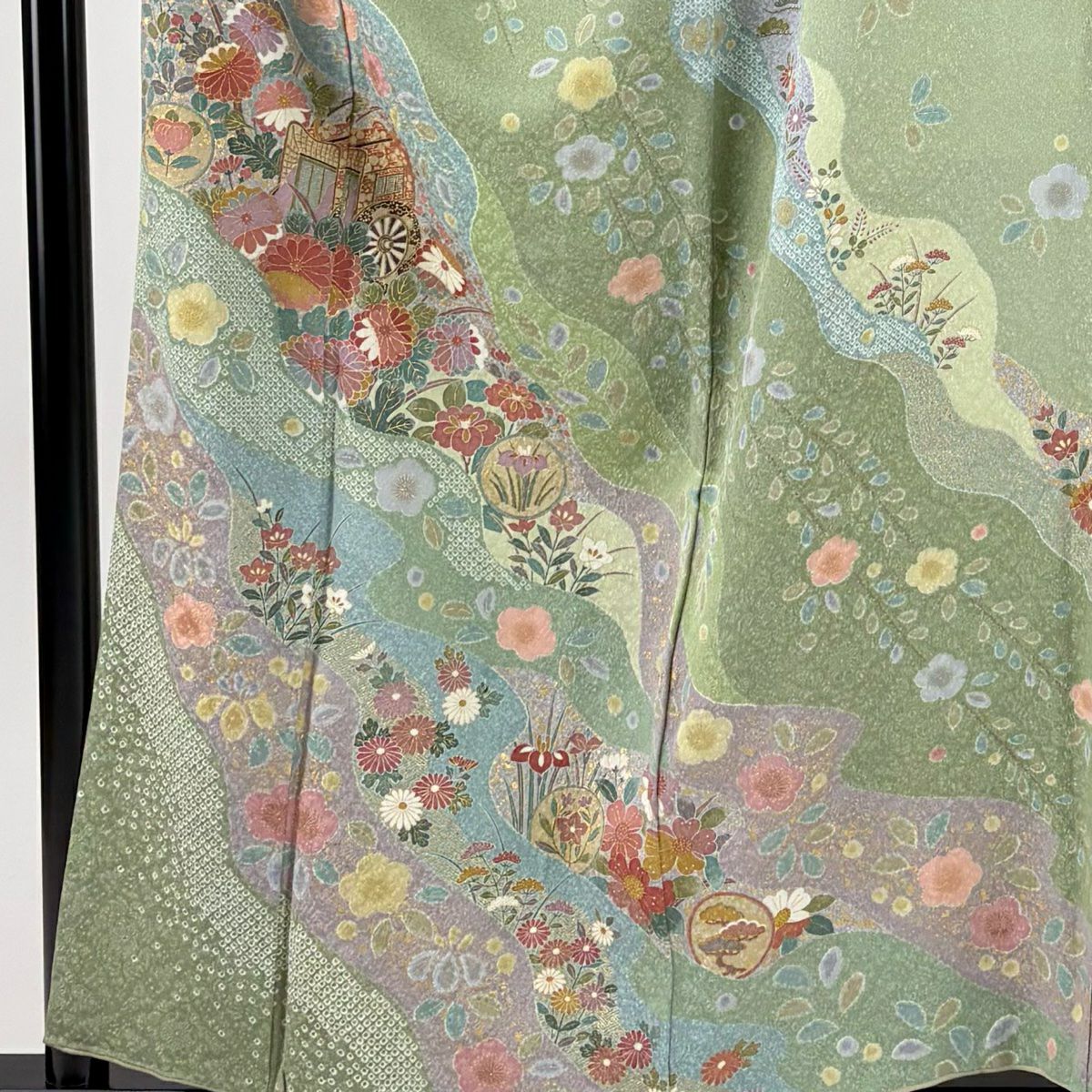 訪問服 身長157cm 袖長65cm M 雙層 御所車 草花紋紋 金彩裝飾 染分 夾竹子桃色 純蠶絲 名品級
