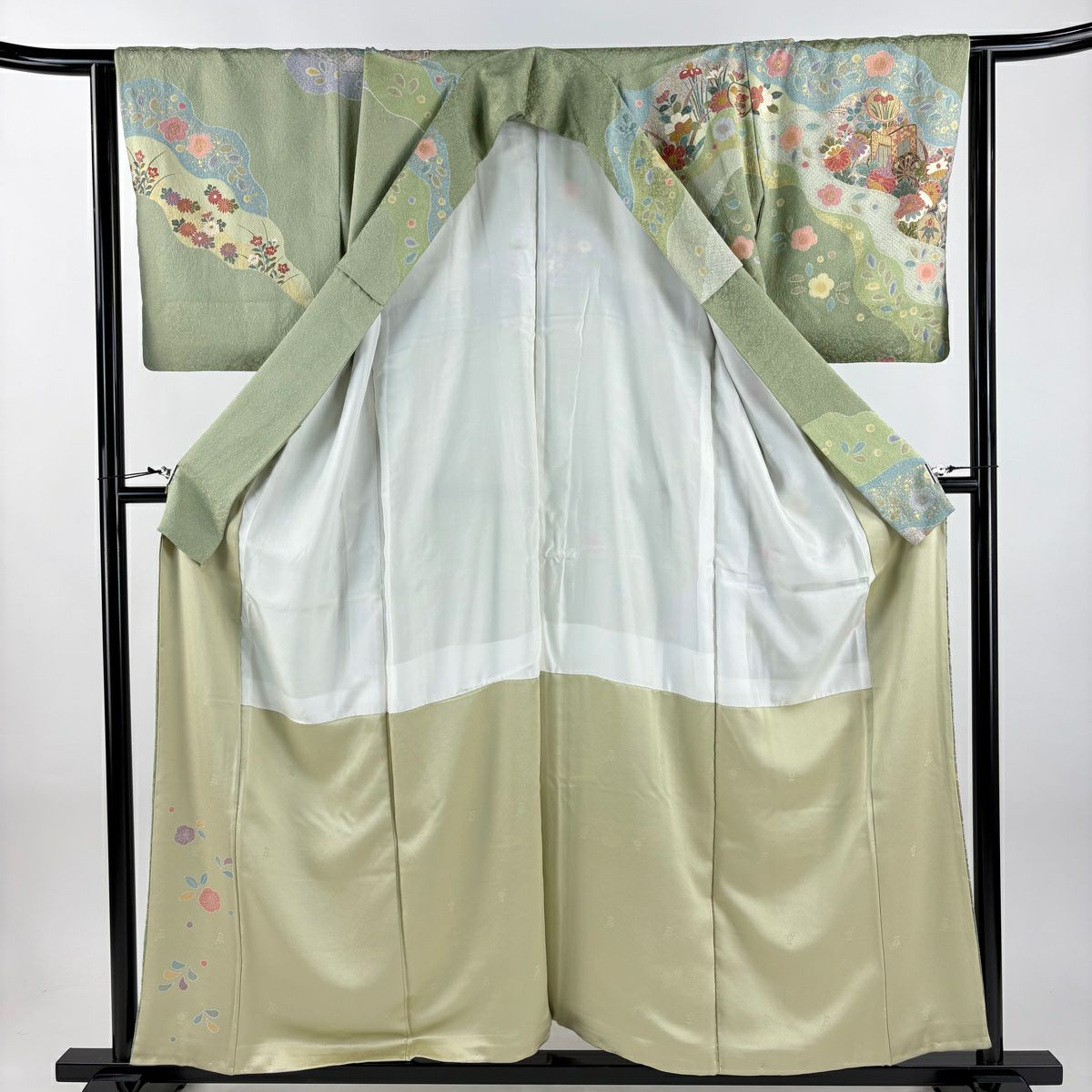 訪問服 身長157cm 袖長65cm M 雙層 御所車 草花紋紋 金彩裝飾 染分 夾竹子桃色 純蠶絲 名品級