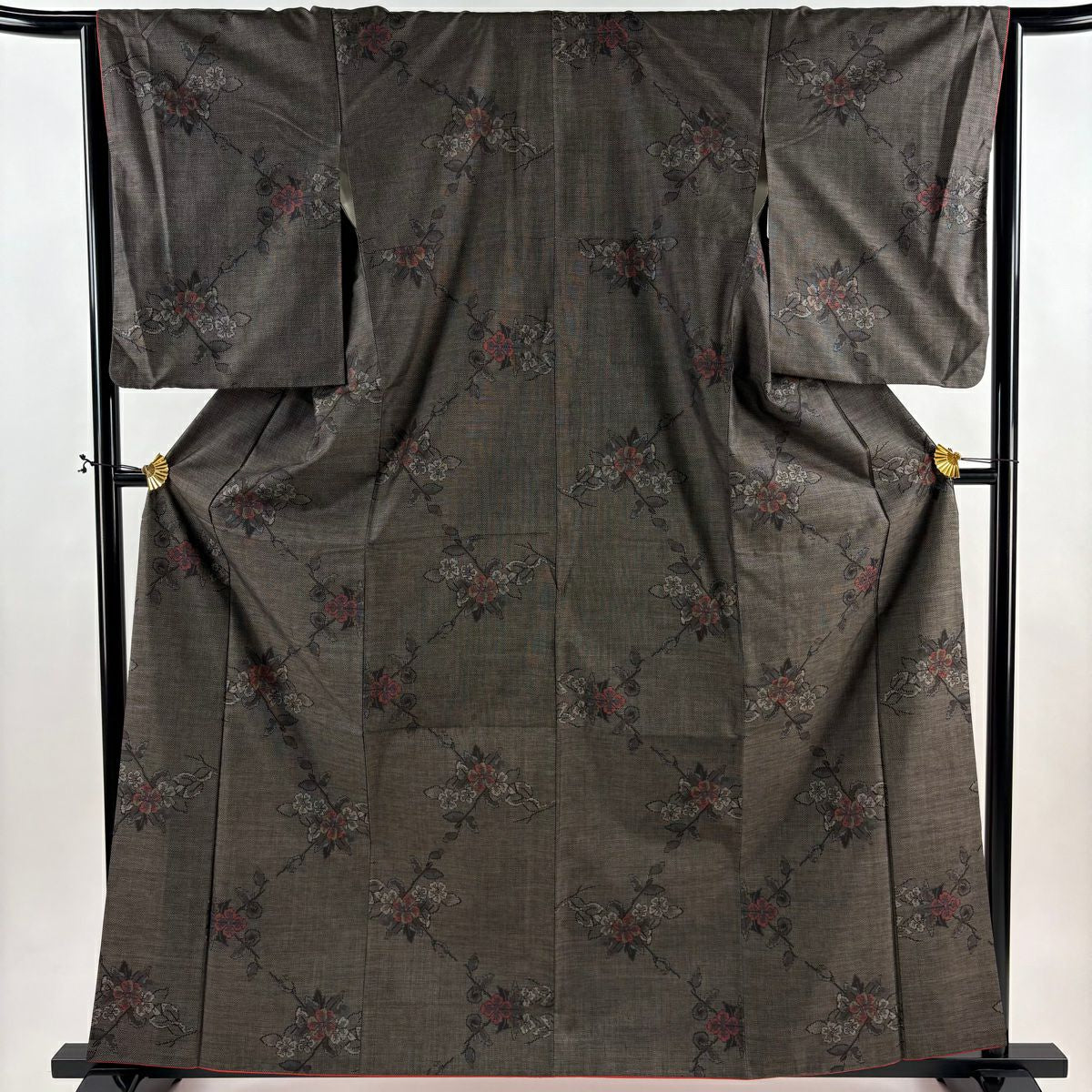 【美品】 紬織 身長162.5cm 袖長65cm M 雙層 枝花 焦茶 純蠶絲 秀品級