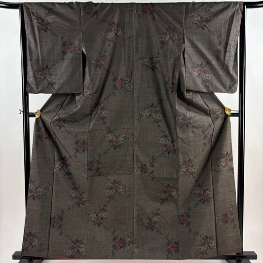 【美品】 紬織 身長162.5cm 袖長65cm M 雙層 枝花 焦茶 純蠶絲 秀品級