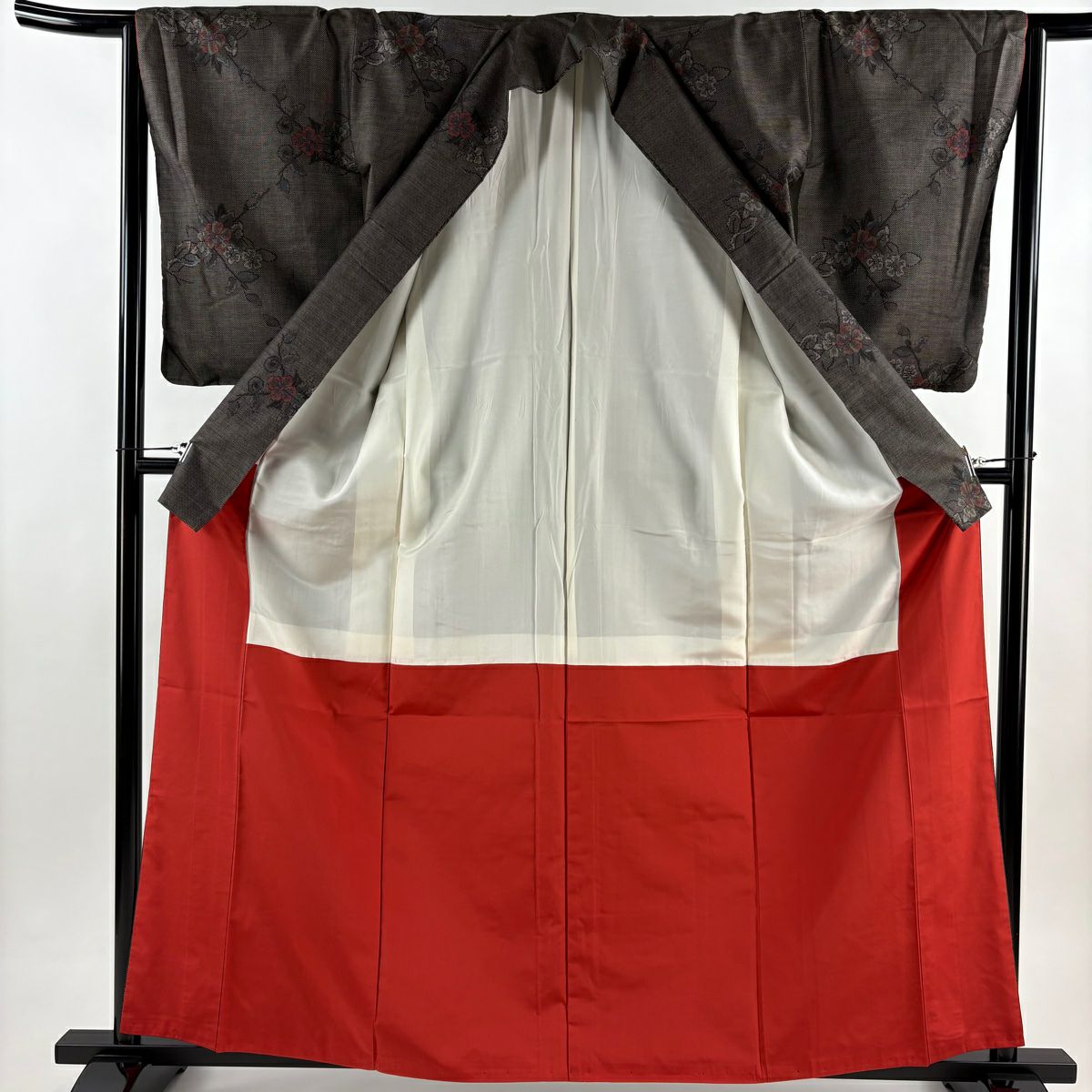 【美品】 紬織 身長162.5cm 袖長65cm M 雙層 枝花 焦茶 純蠶絲 秀品級