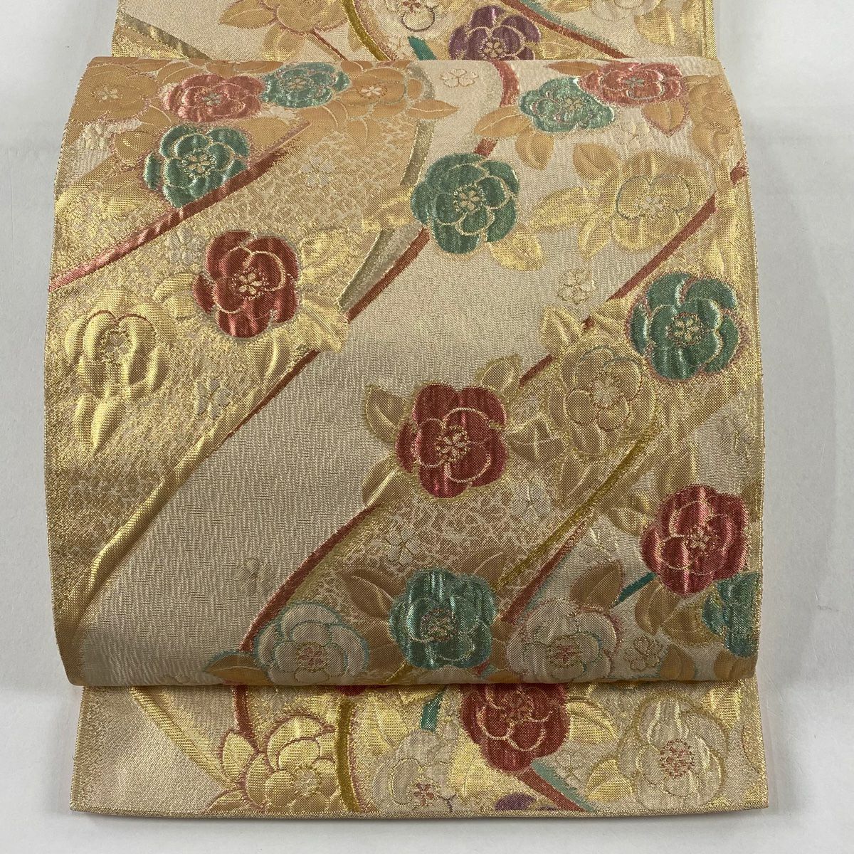 【美品】 袋帶 秀品級 草花紋紋 幾何學 金金箔 奶油色 全通 純蠶絲