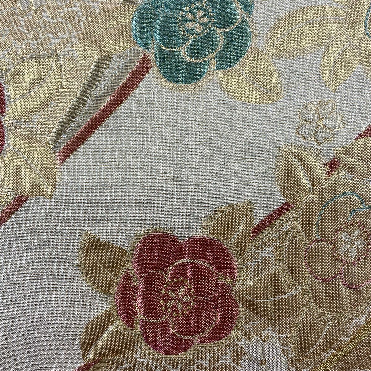 【美品】 袋帶 秀品級 草花紋紋 幾何學 金金箔 奶油色 全通 純蠶絲