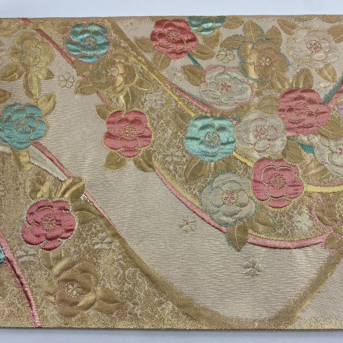 【美品】 袋帶 秀品級 草花紋紋 幾何學 金金箔 奶油色 全通 純蠶絲