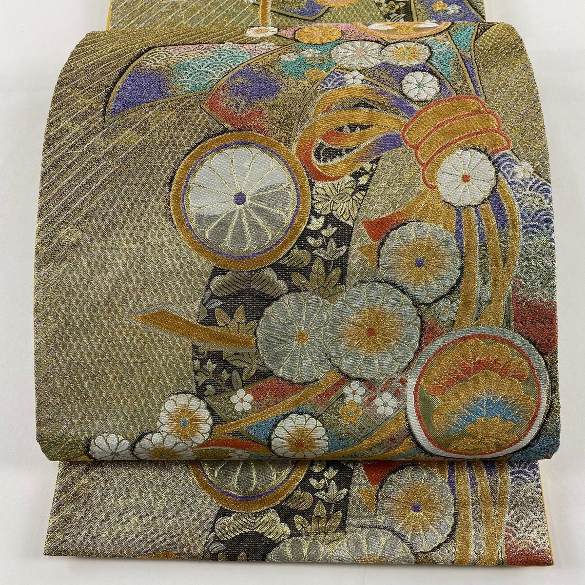 【美品】 袋帶 秀品級 大和 束捆熨斗紋 草花紋 金銀線 金金箔 金色 六通 純蠶絲