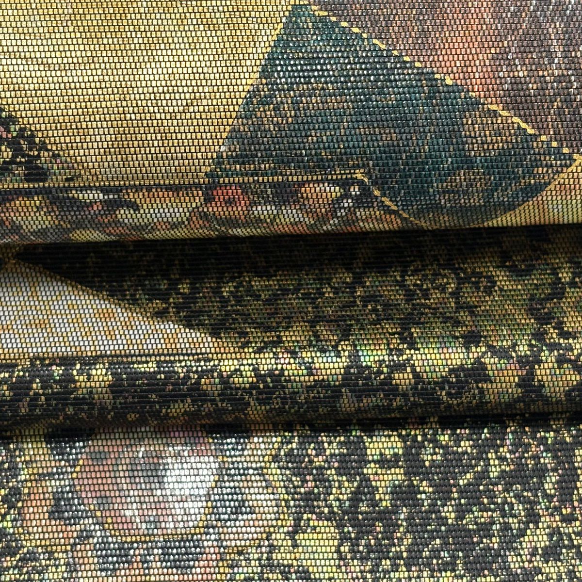 袋帶 秀品級 華紋 幾何學 金金箔 金銀彩 焦茶 純蠶絲