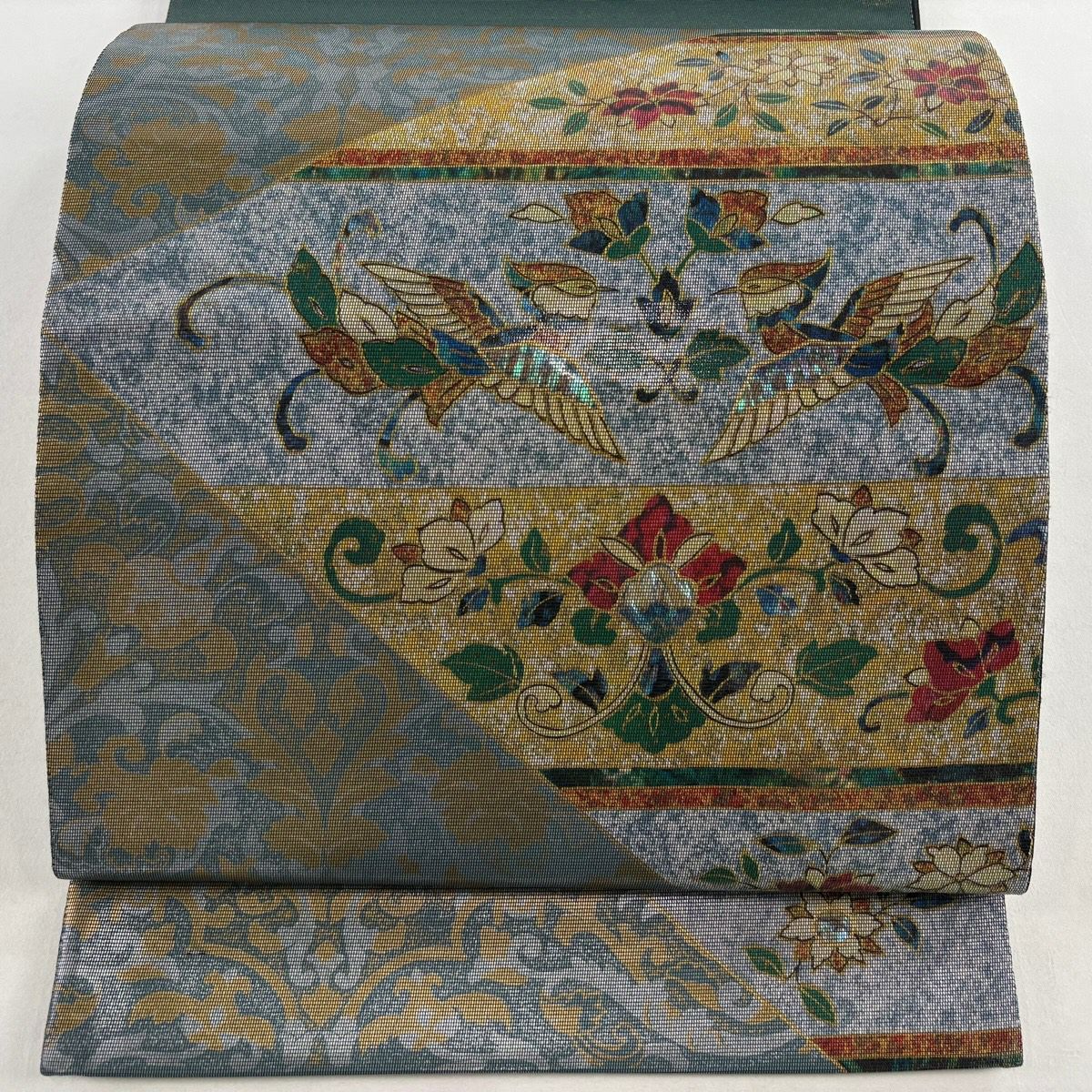 【美品】 袋帶 秀品級 草花紋紋 鳥 螺鈿 金金箔 灰綠 お太鼓柄 純蠶絲
