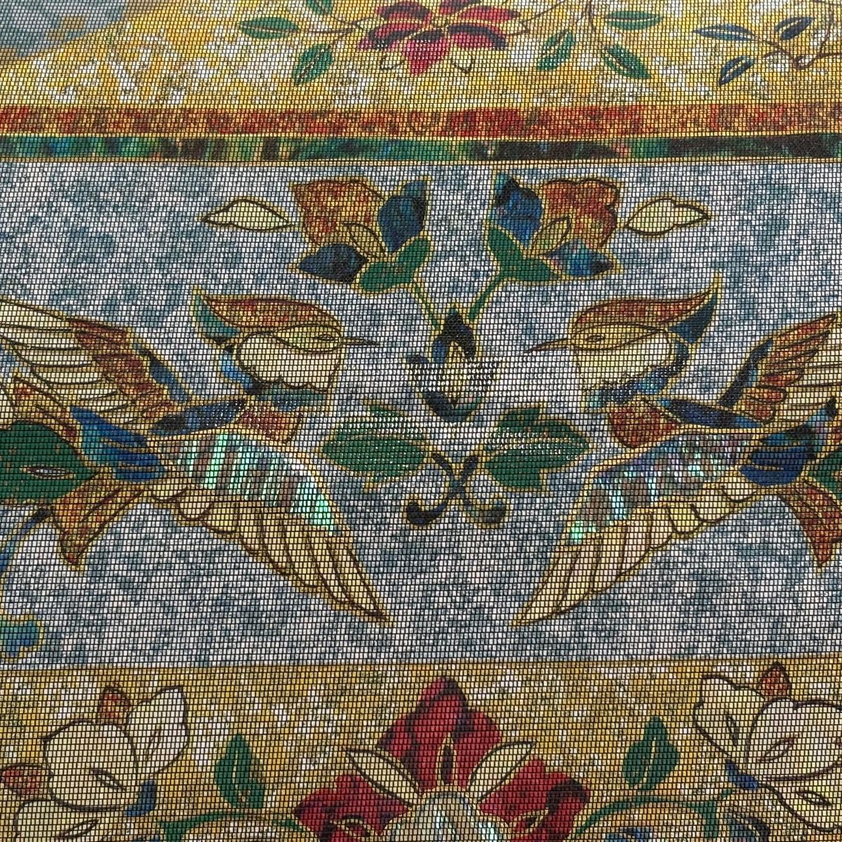 【美品】 袋帶 秀品級 草花紋紋 鳥 螺鈿 金金箔 灰綠 お太鼓柄 純蠶絲