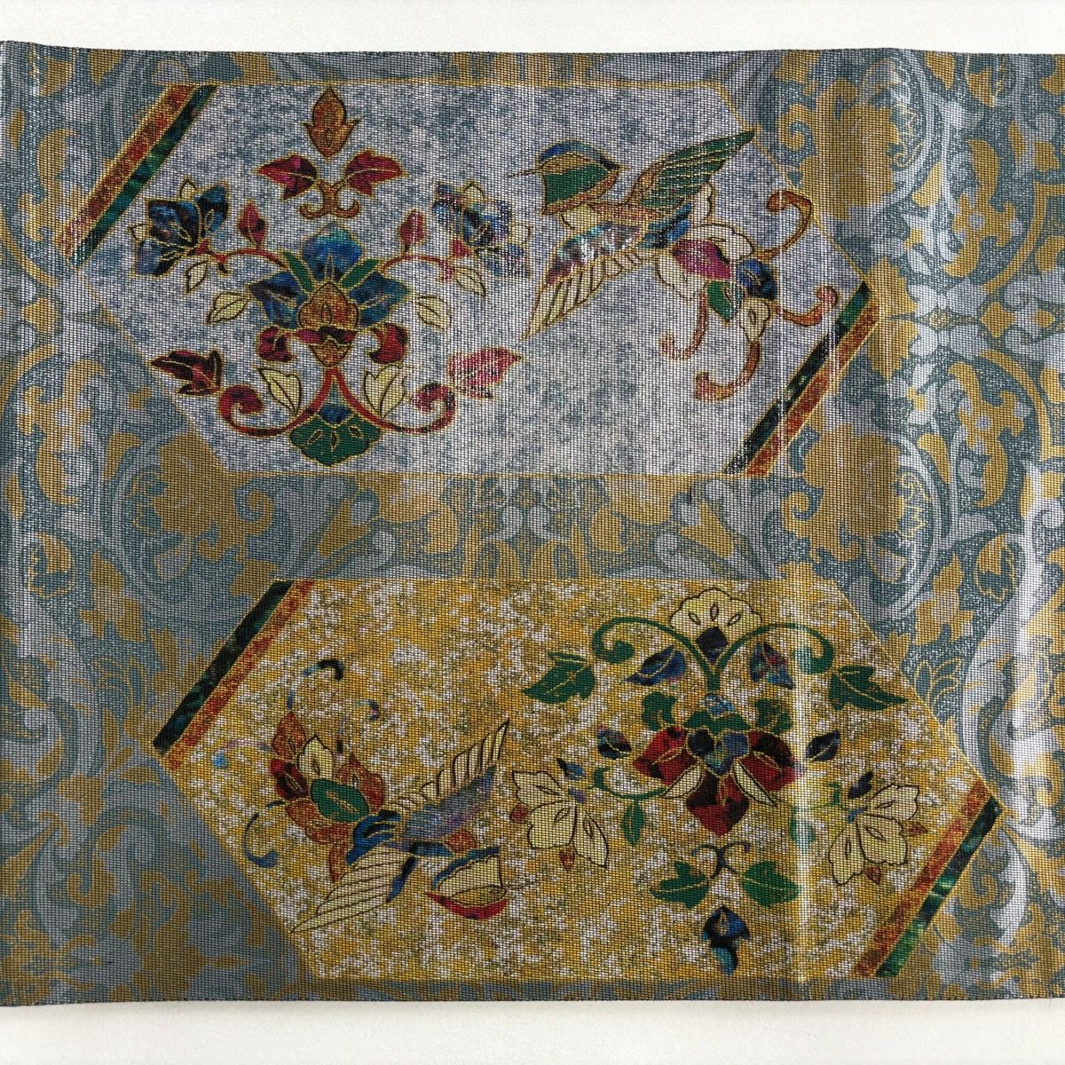 【美品】 袋帶 秀品級 草花紋紋 鳥 螺鈿 金金箔 灰綠 お太鼓柄 純蠶絲