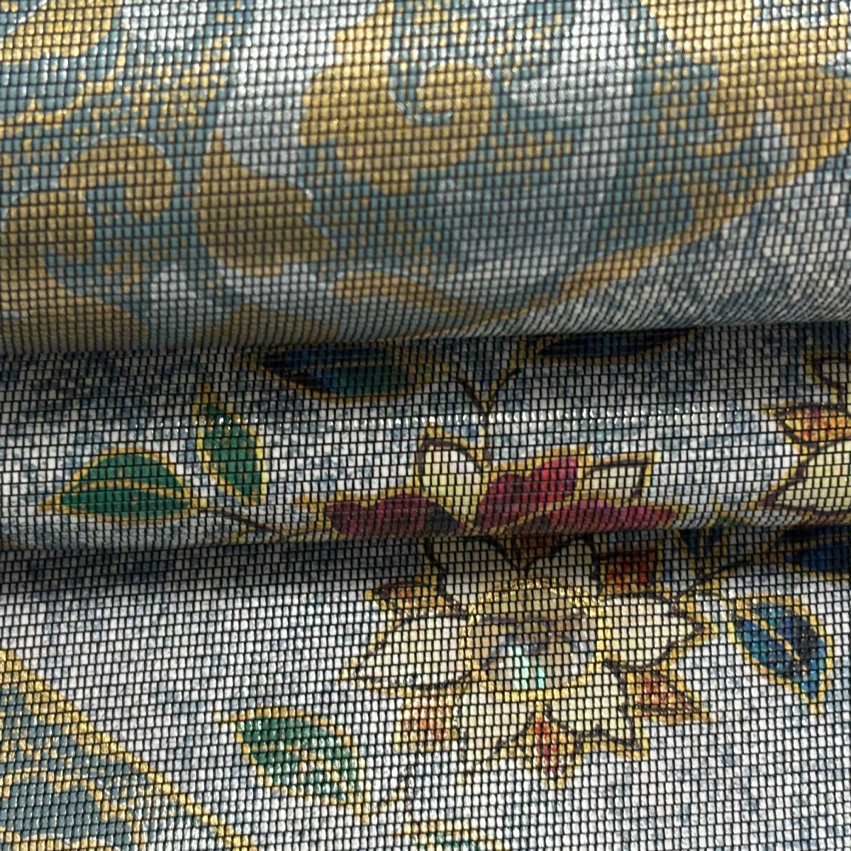 【美品】 袋帶 秀品級 草花紋紋 鳥 螺鈿 金金箔 灰綠 お太鼓柄 純蠶絲