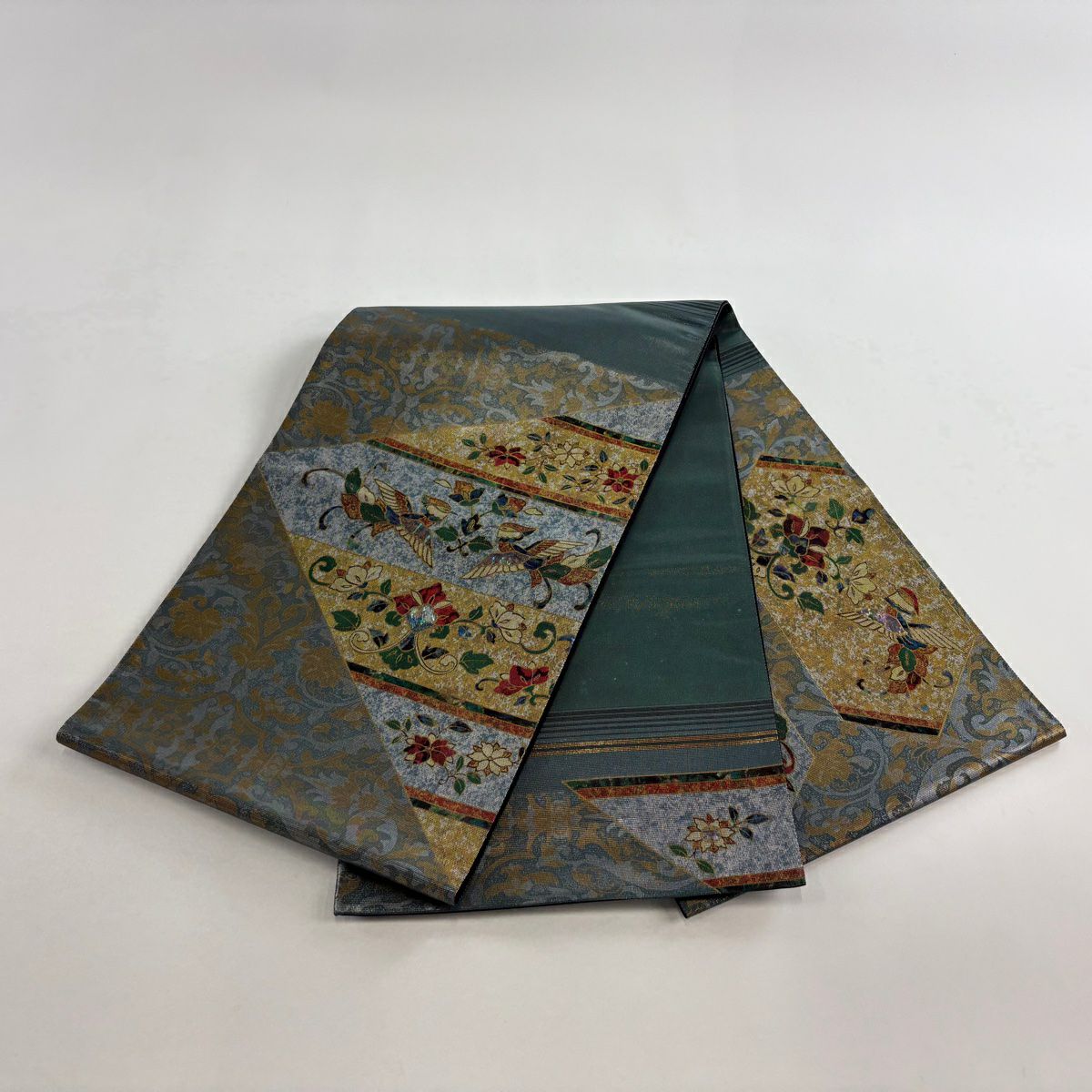【美品】 袋帶 秀品級 草花紋紋 鳥 螺鈿 金金箔 灰綠 お太鼓柄 純蠶絲