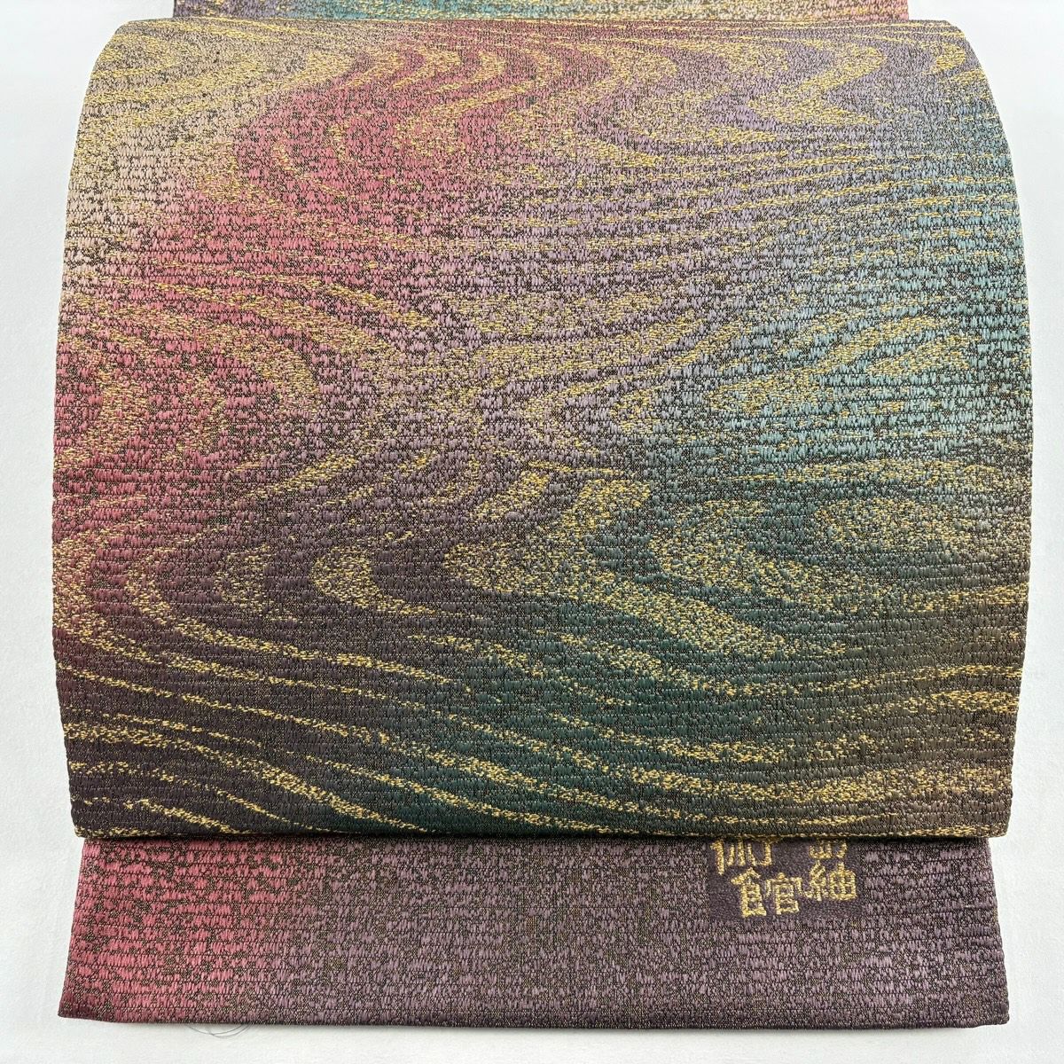 【美品】 袋帶 秀品級 流水 金銀彩 漸層 綠 六通 純蠶絲