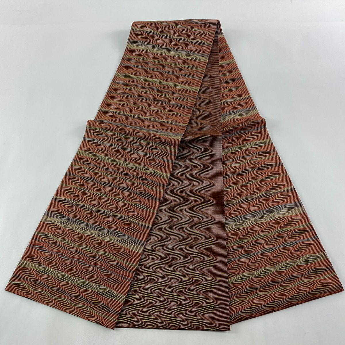 【美品】 袋帶 秀品級 斜條紋 金絲 紅茶 全通 純蠶絲