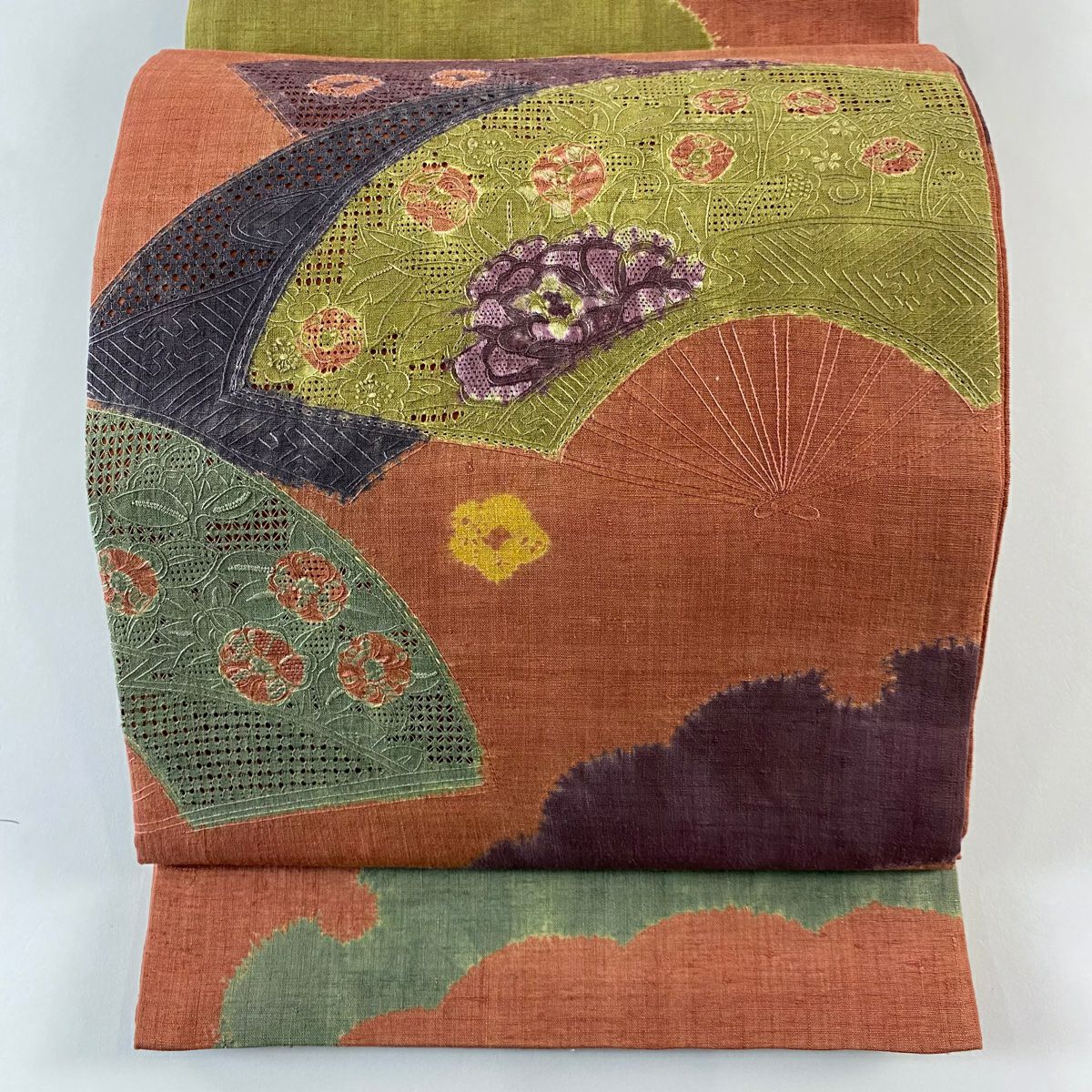 【美品】 袋帶 秀品級 紬織織 扇子 草花紋刺繡 紅茶 お太鼓圖案 純蠶絲