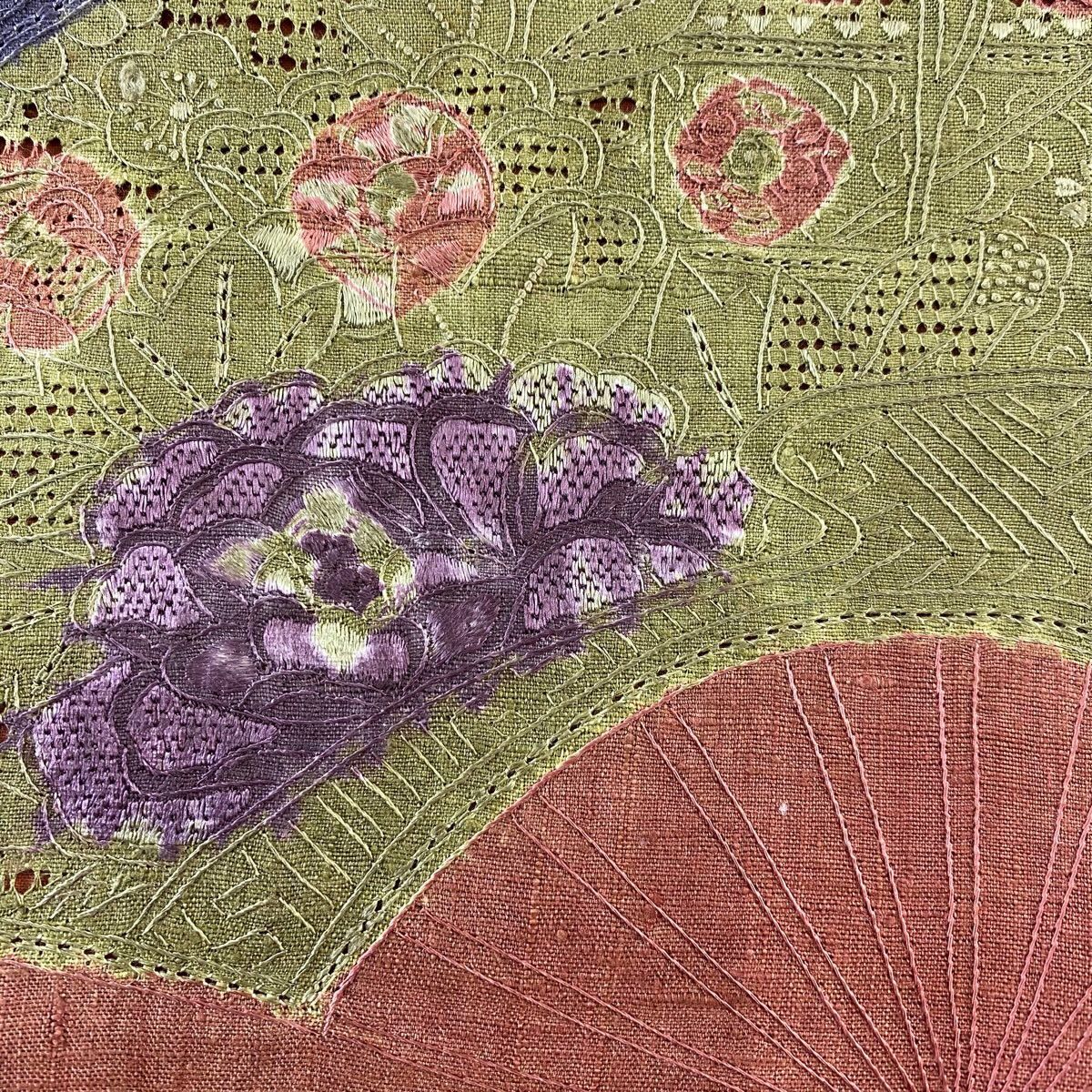 【美品】 袋帶 秀品級 紬織織 扇子 草花紋刺繡 紅茶 お太鼓圖案 純蠶絲