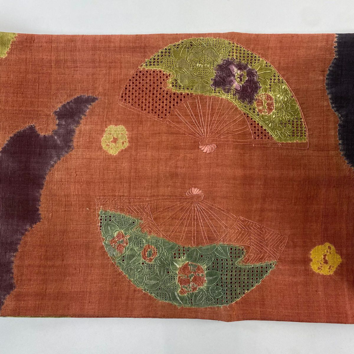 【美品】 袋帶 秀品級 紬織織 扇子 草花紋刺繡 紅茶 お太鼓圖案 純蠶絲
