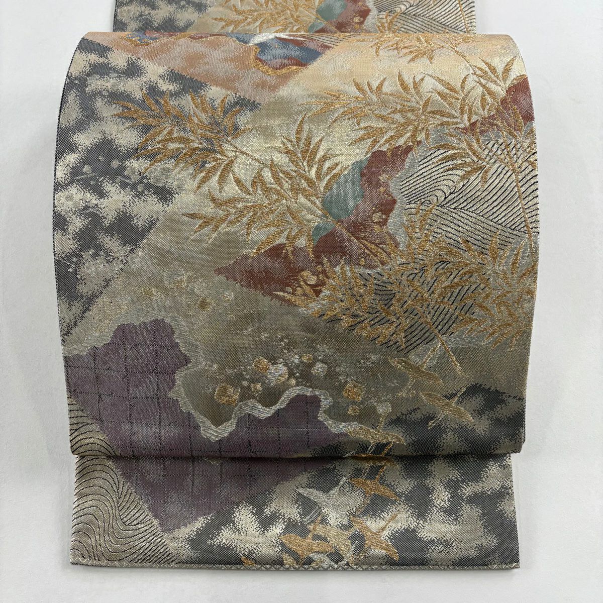 【美品】 袋帶 秀品級 じゅらく 落款あり 仙鶴 葉柄 金銀彩 墨 六通 純蠶絲