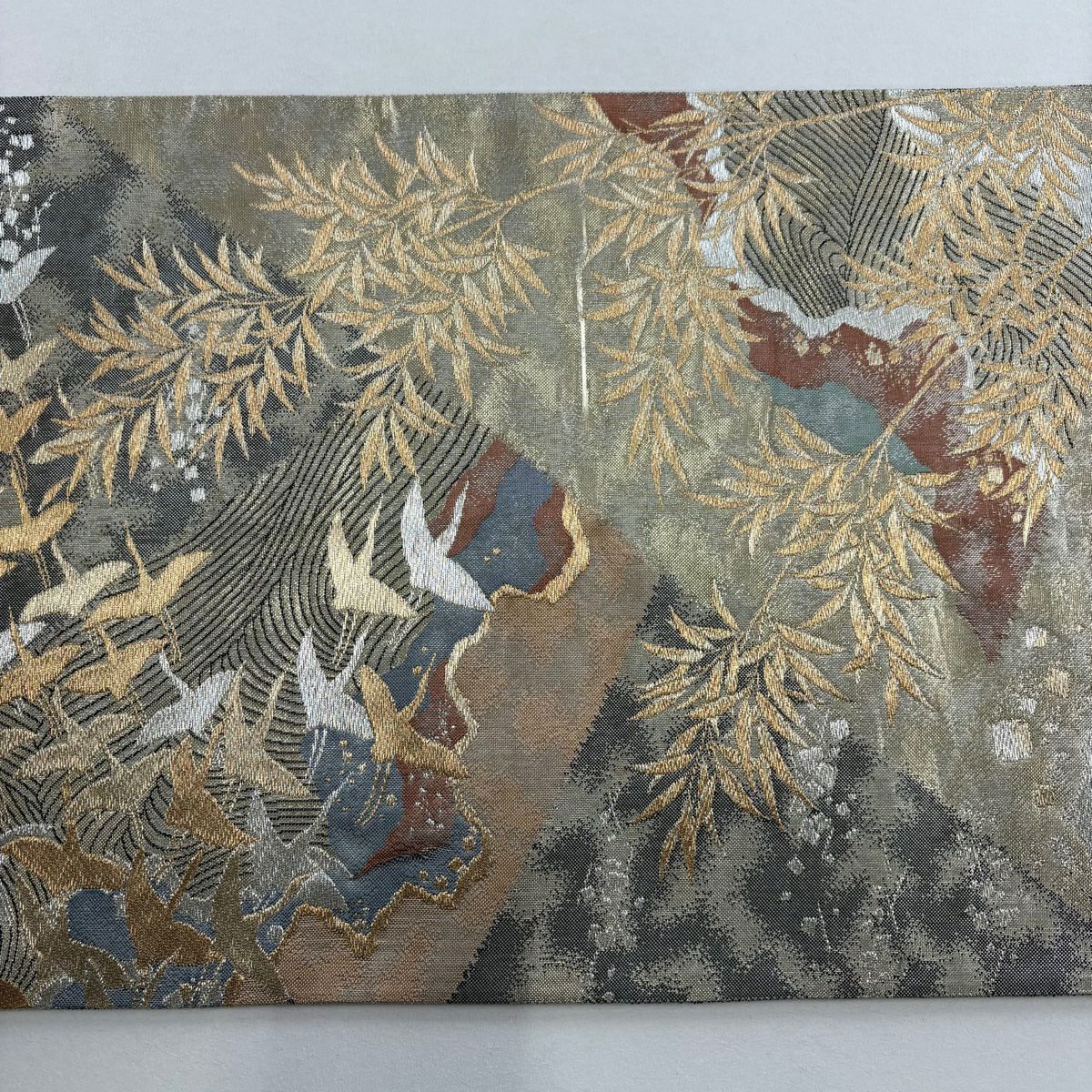 【美品】 袋帶 秀品級 じゅらく 落款あり 仙鶴 葉柄 金銀彩 墨 六通 純蠶絲