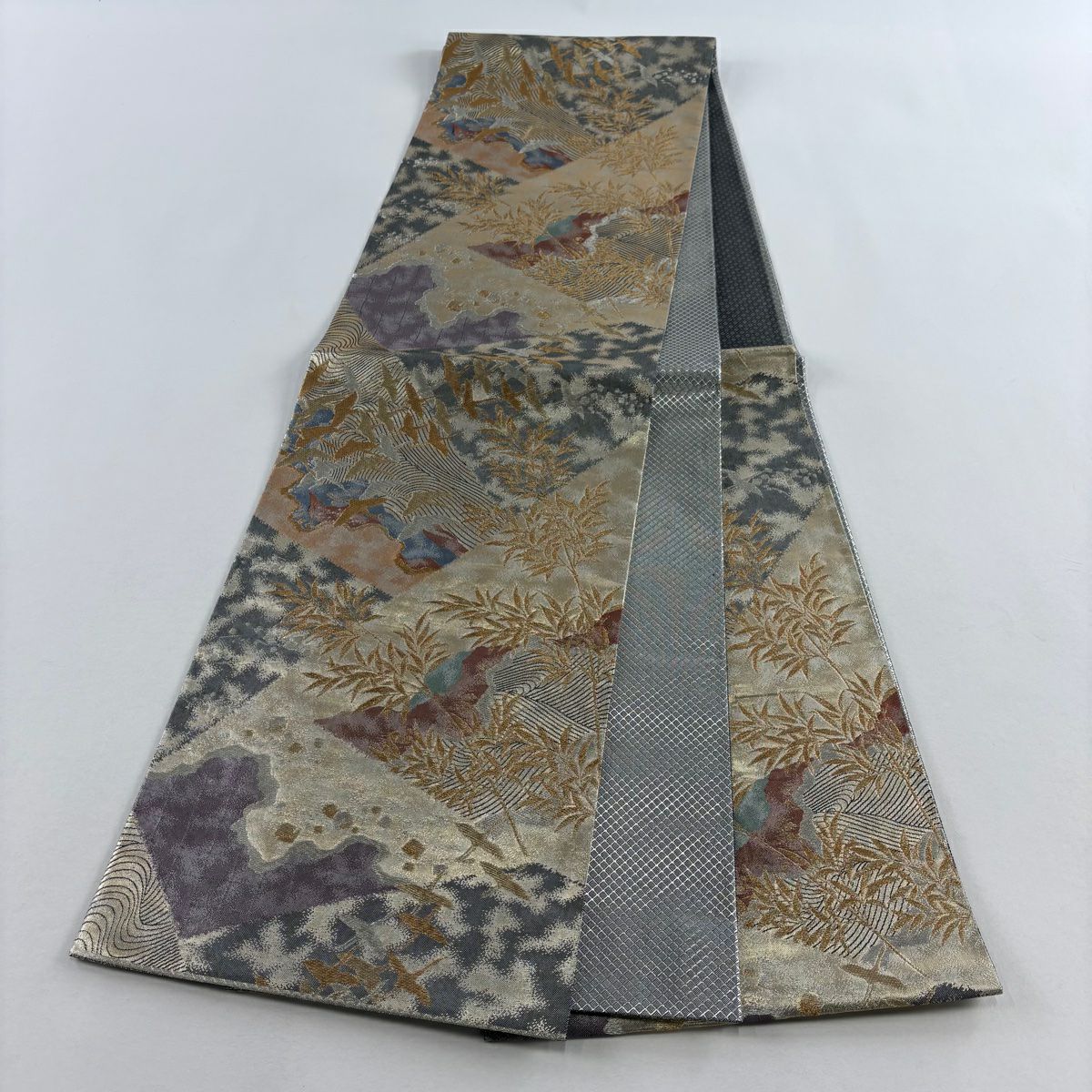 【美品】 袋帶 秀品級 じゅらく 落款あり 仙鶴 葉柄 金銀彩 墨 六通 純蠶絲