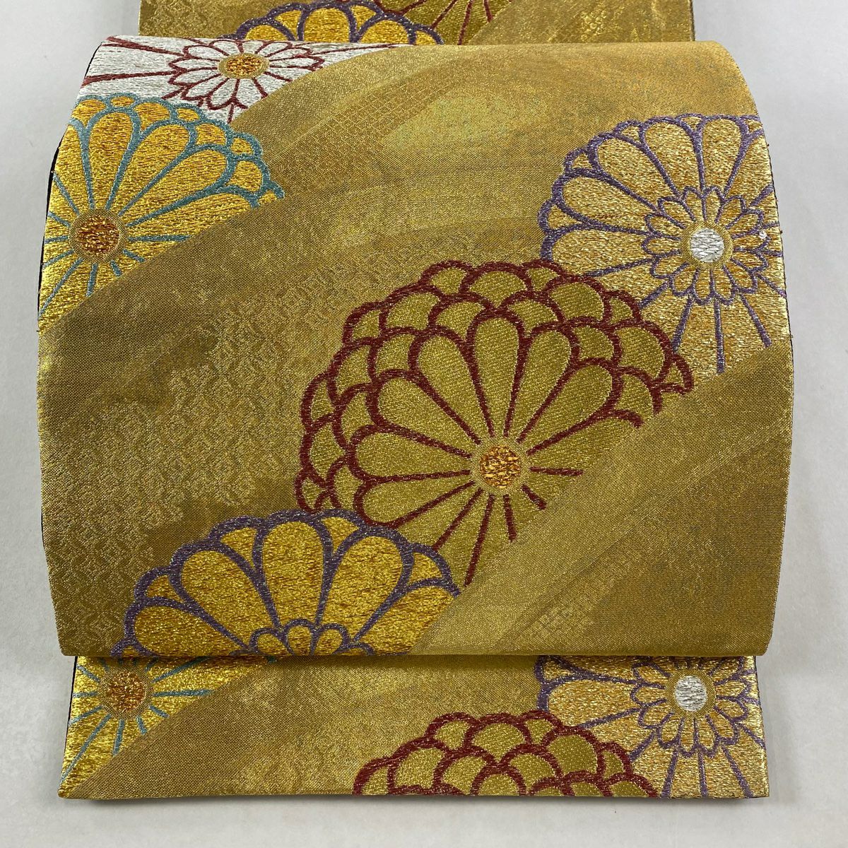 袋帶 秀品級 振袖禮服禮服用 菊花 金金箔 金絲 金 六通 純蠶絲
