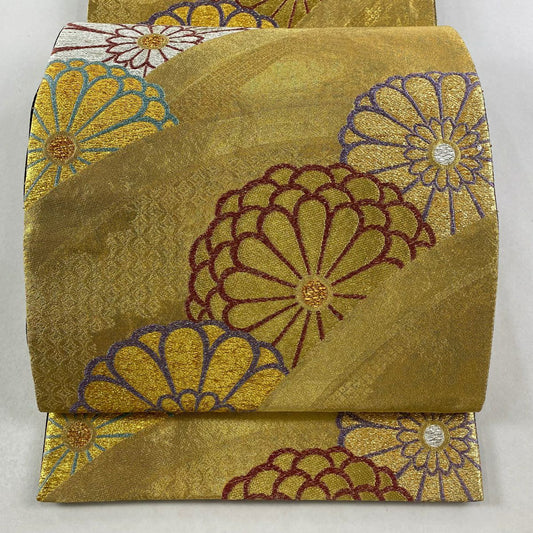 袋帶 秀品級 振袖禮服禮服用 菊花 金金箔 金絲 金 六通 純蠶絲