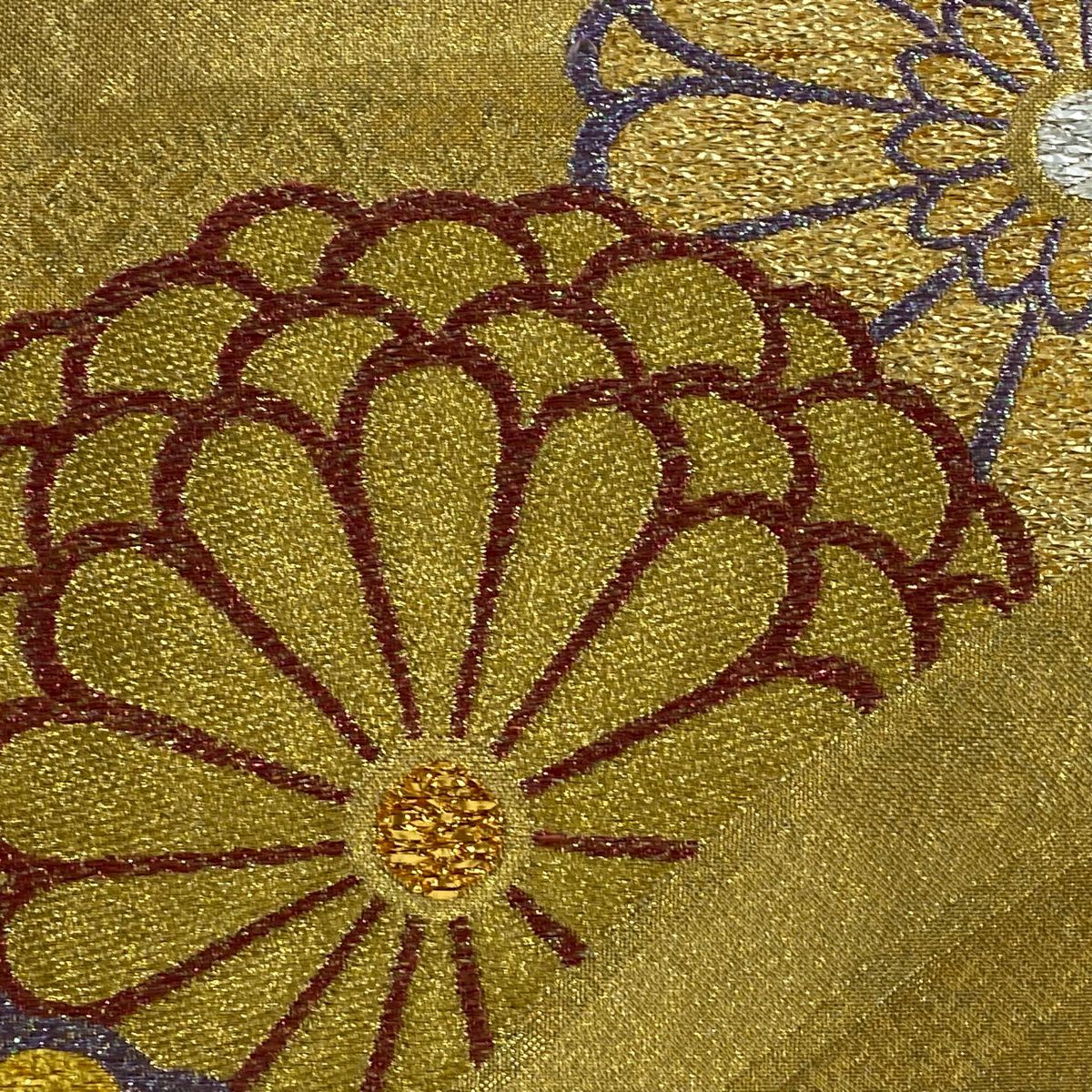 袋帶 秀品級 振袖禮服禮服用 菊花 金金箔 金絲 金 六通 純蠶絲