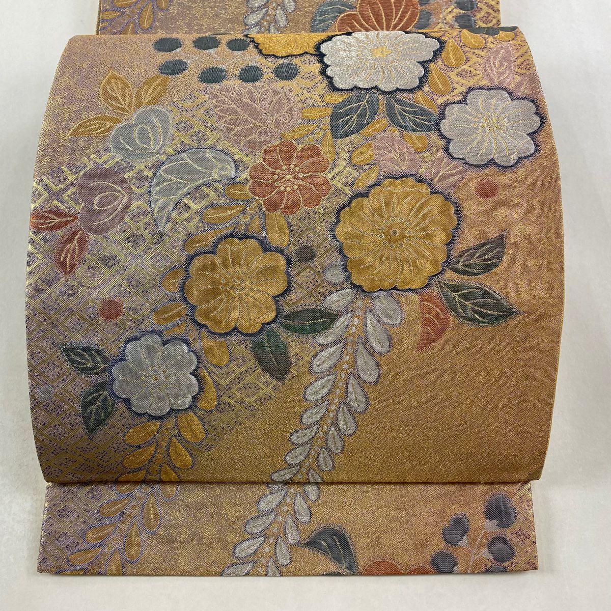 【美品】 袋帶 秀品級 辻花染 菱 金金箔 薄茶 六通 純蠶絲