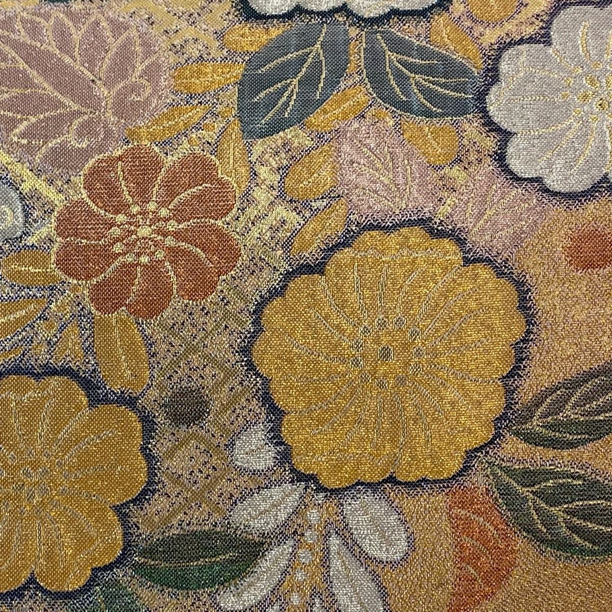 【美品】 袋帶 秀品級 辻花染 菱 金金箔 薄茶 六通 純蠶絲